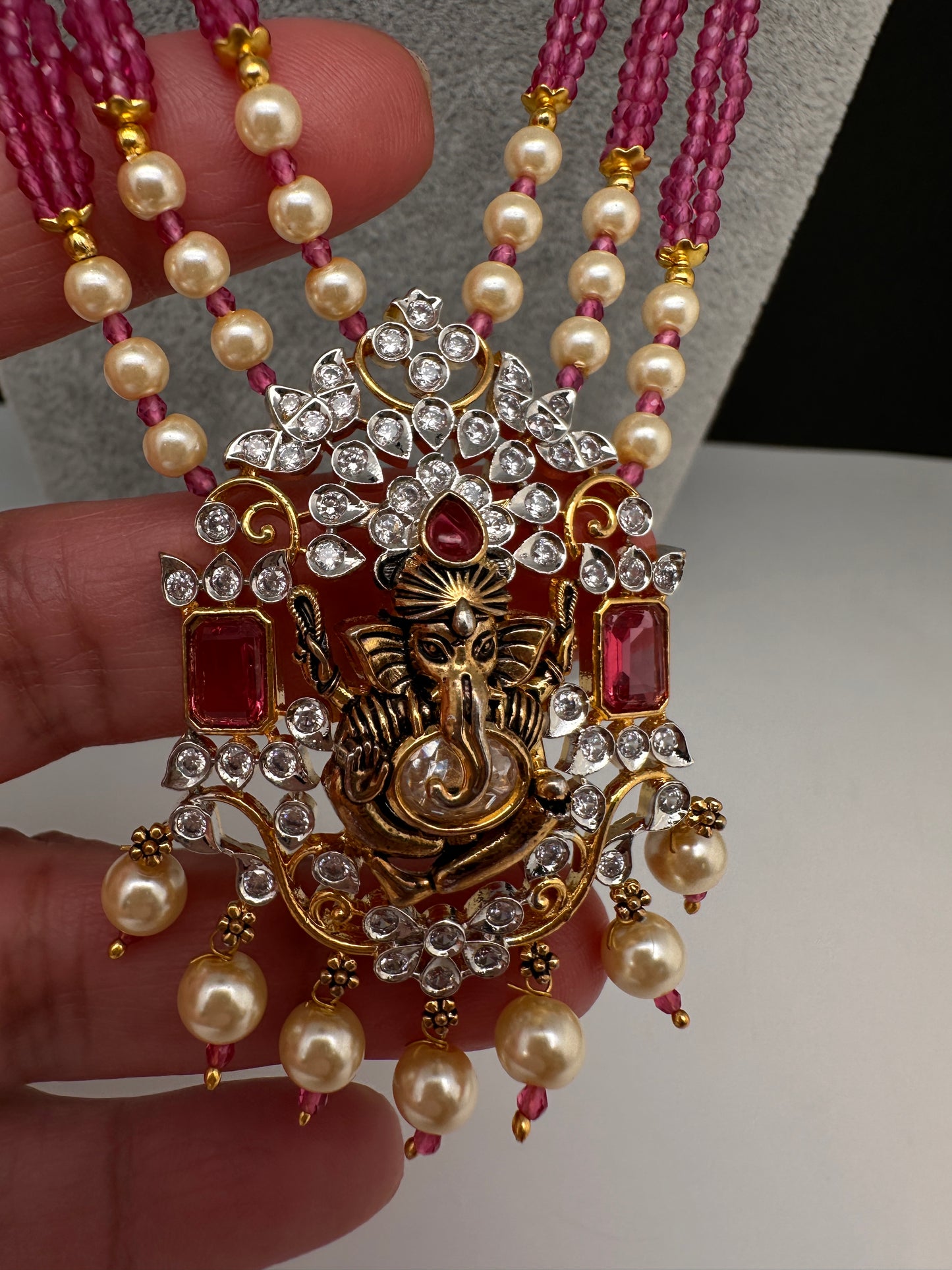 Ganesha Pearls Beads Long Color Stone Necklace - Red