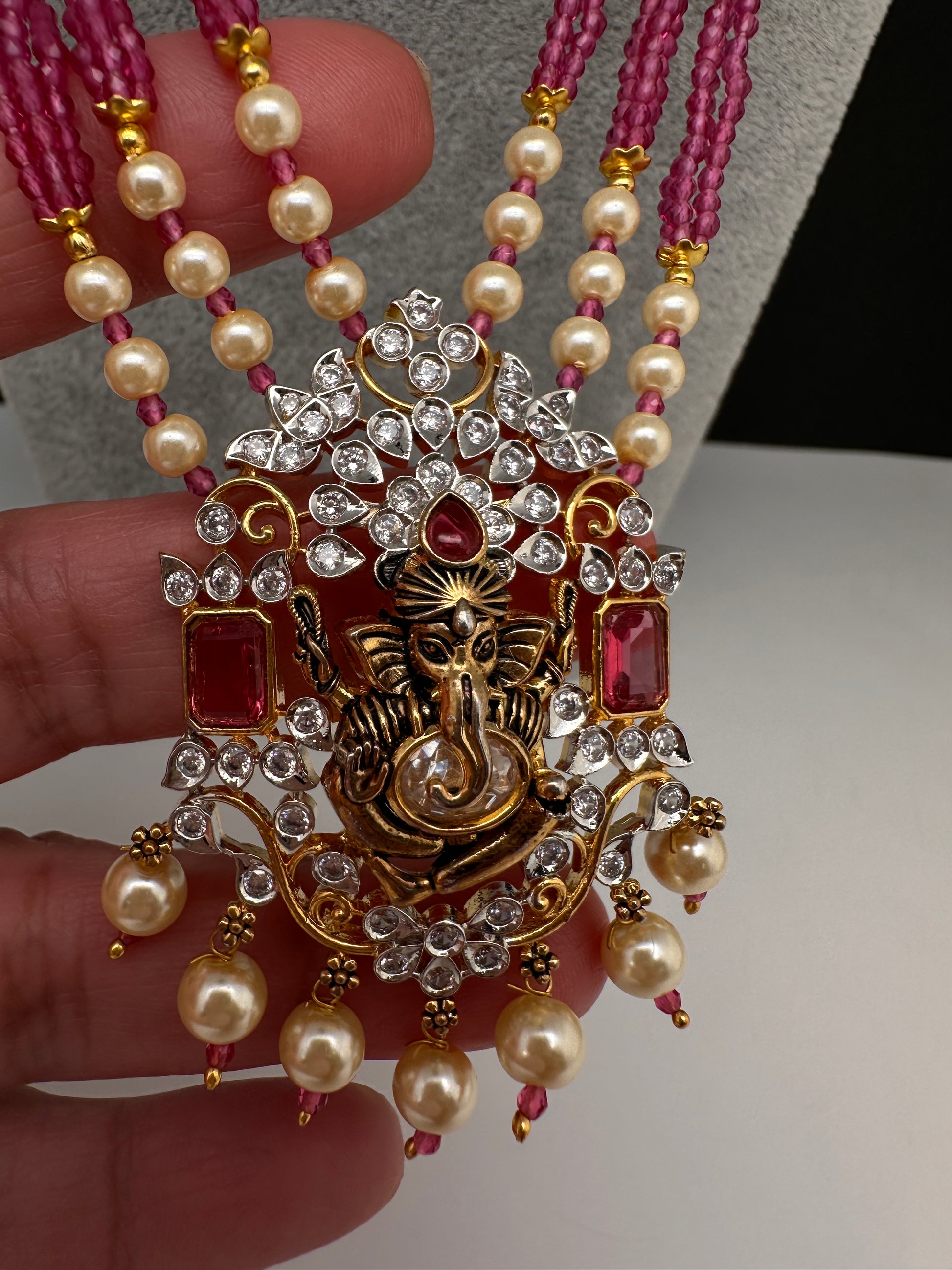 Ganesha Pearls Beads Long Color Stone Necklace - Red