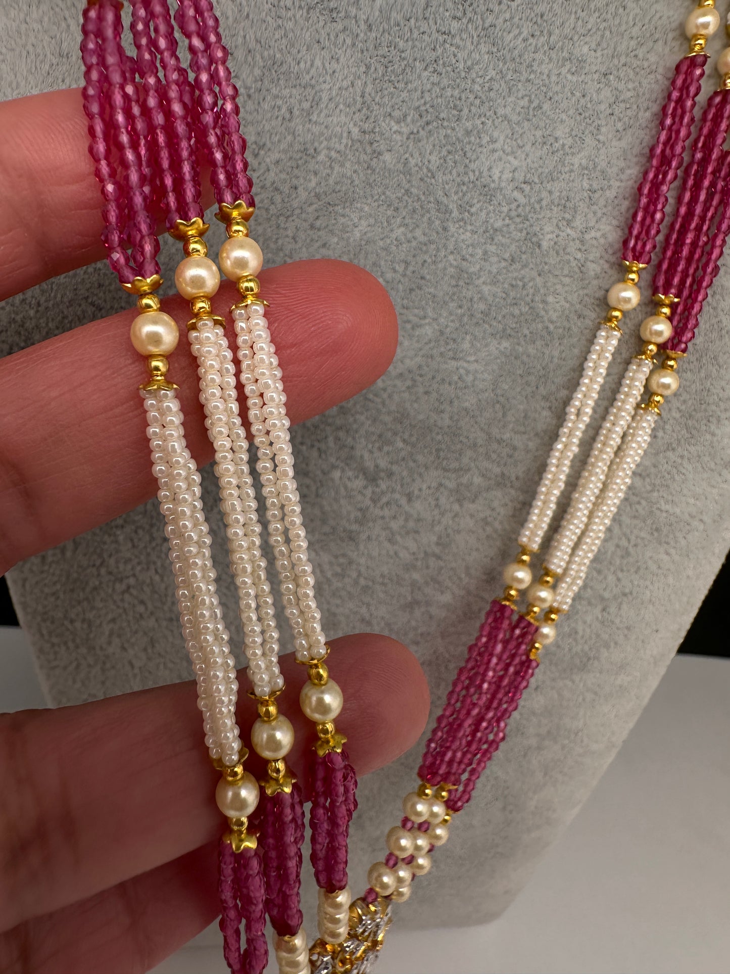 Ganesha Pearls Beads Long Color Stone Necklace - Red
