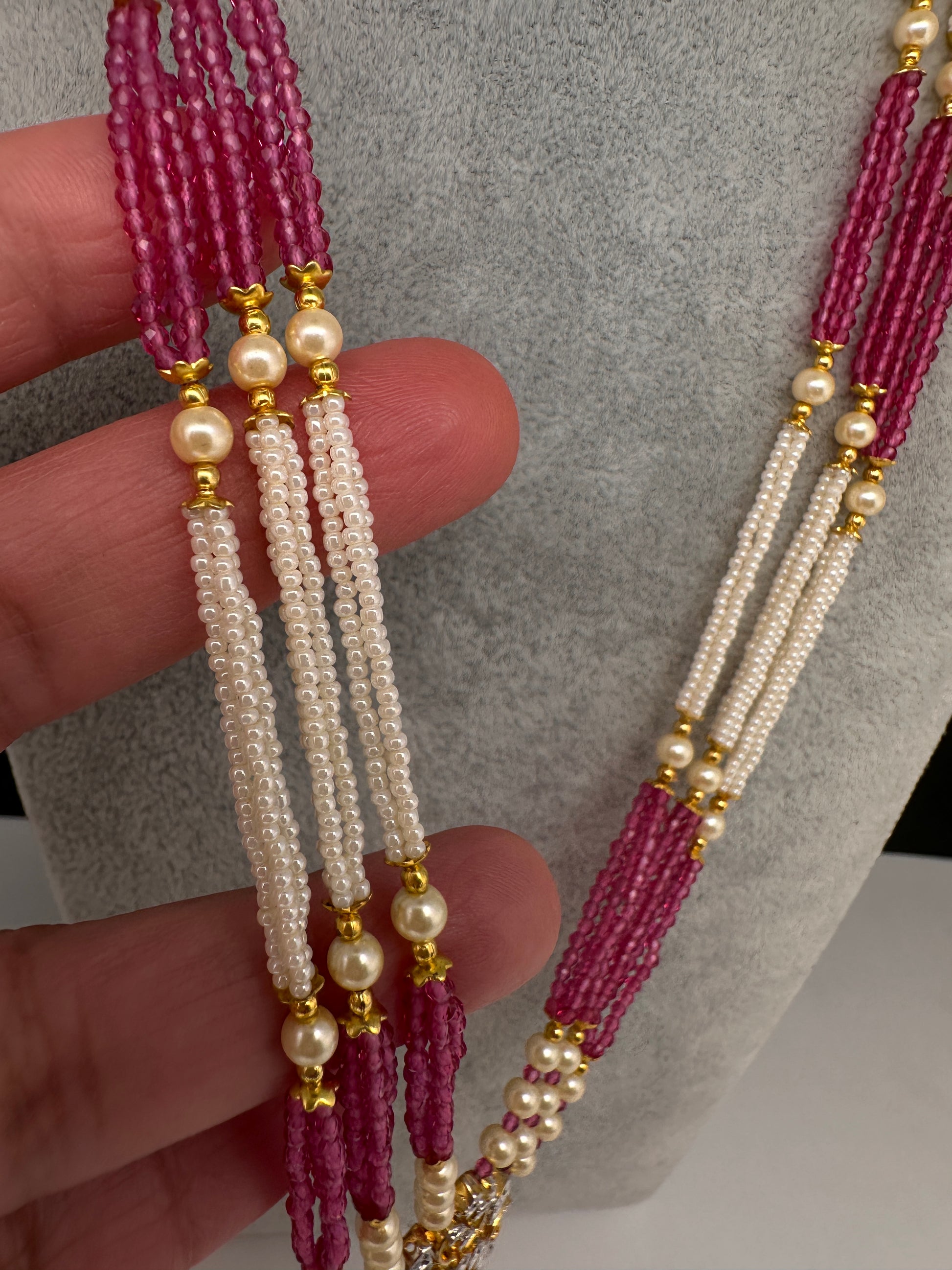 Ganesha Pearls Beads Long Color Stone Necklace - Red