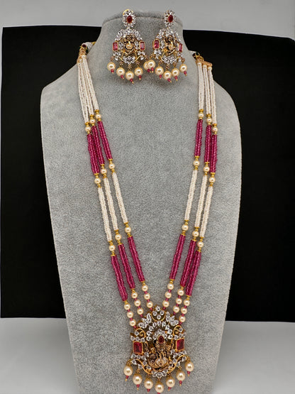 Ganesha Pearls Beads Long Color Stone Necklace - Red