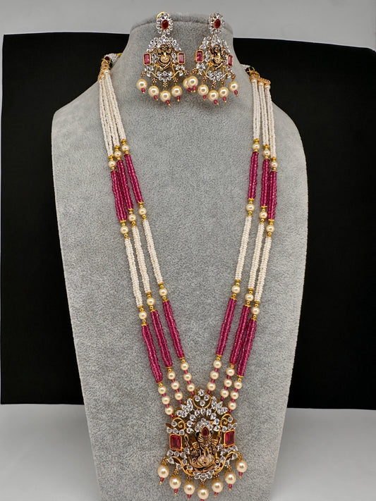 Ganesha Pearls Beads Long Color Stone Necklace - Red