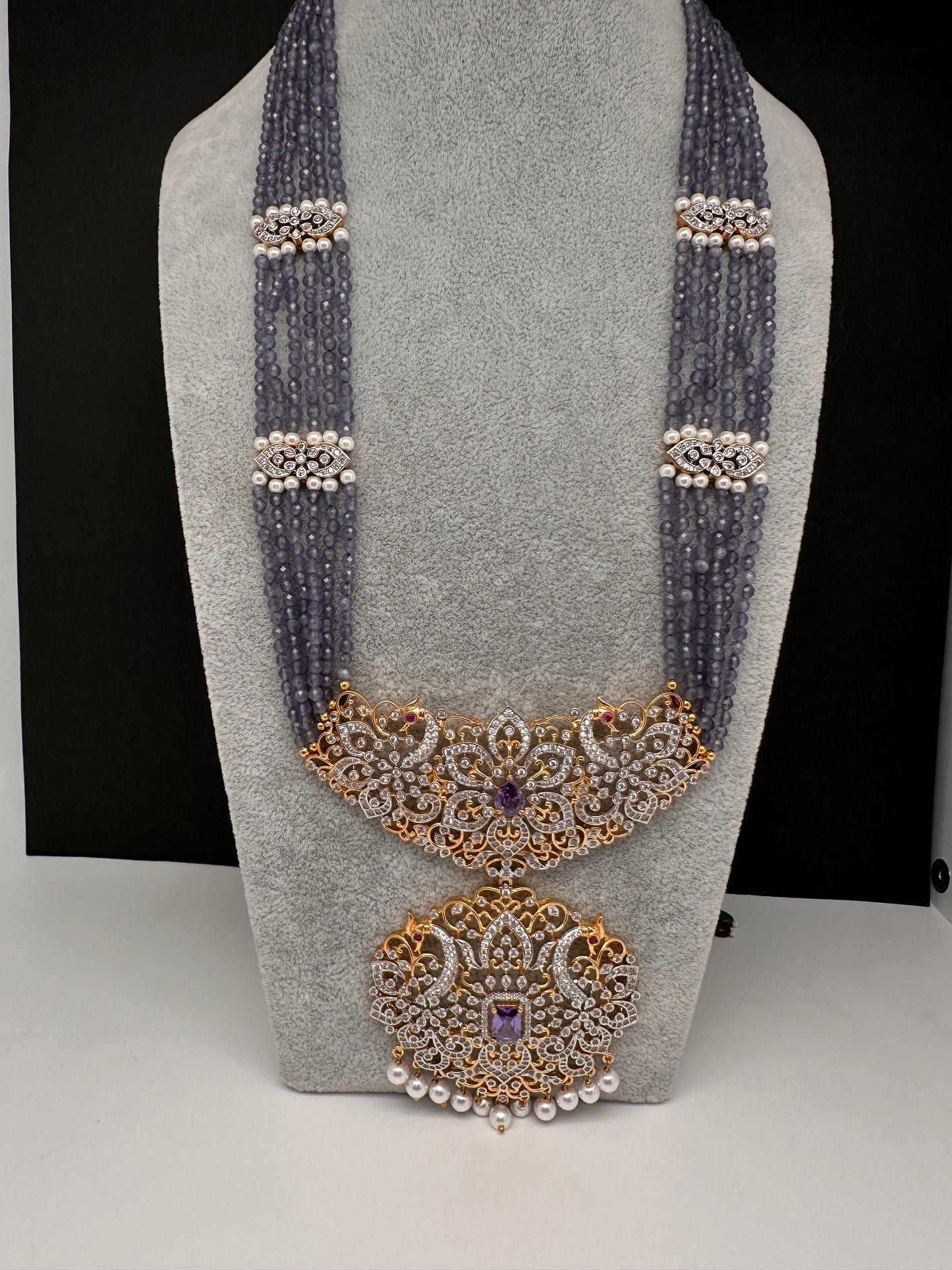 Lavender Purple CZ Beads Dual Tone Necklace - 