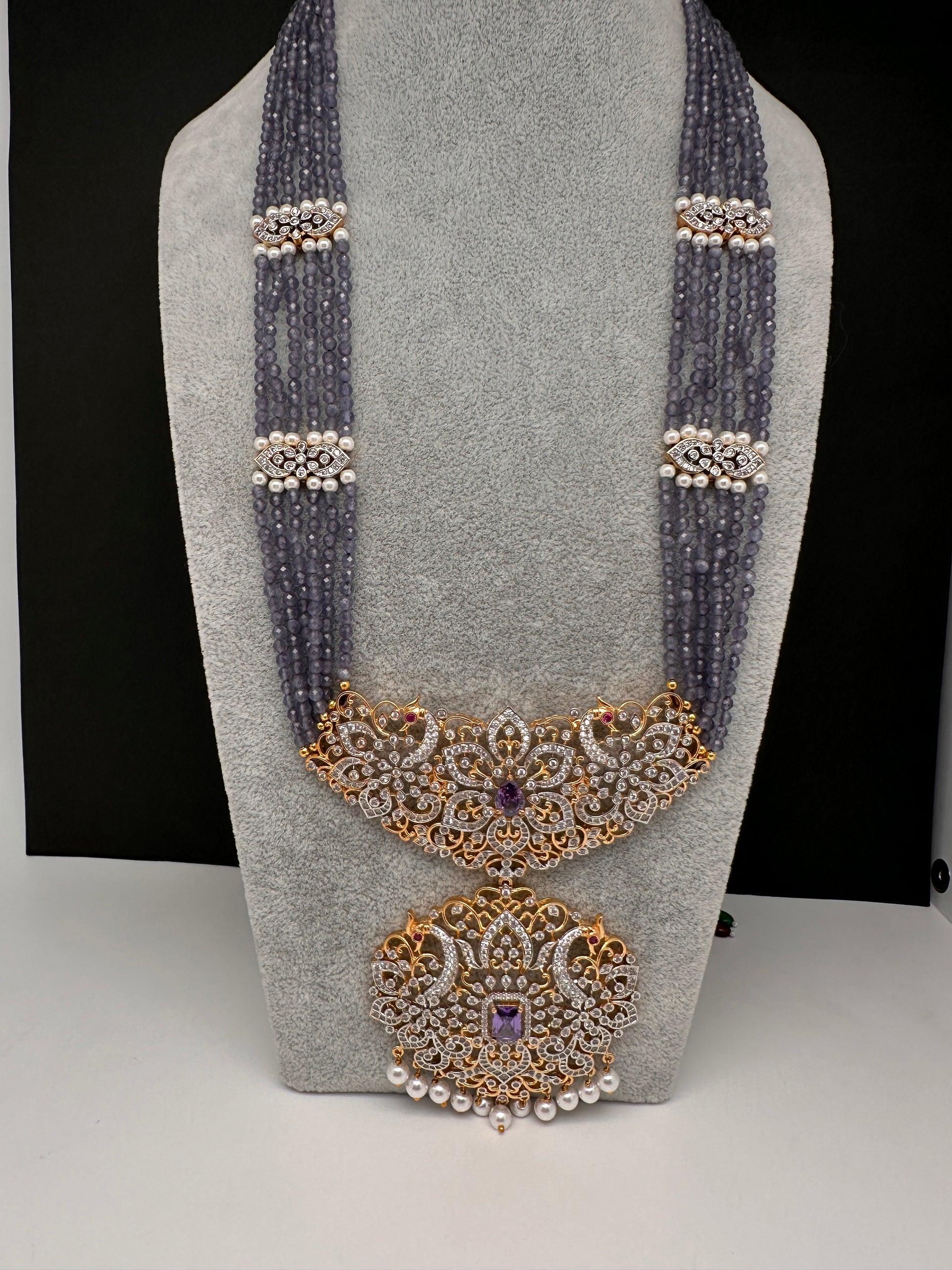 Lavender Purple CZ Beads Dual Tone Necklace - 