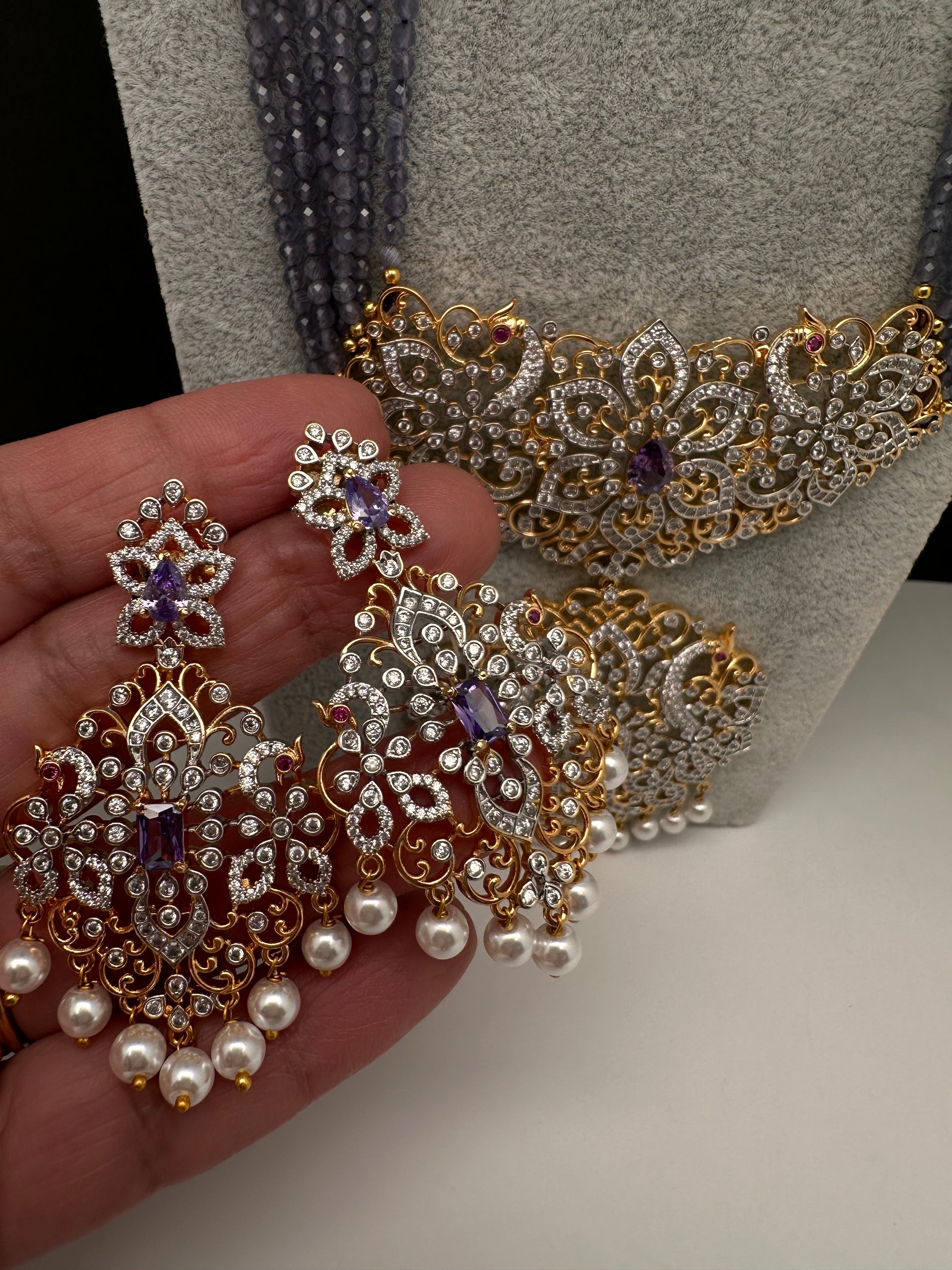 Lavender Purple CZ Beads Dual Tone Necklace - 