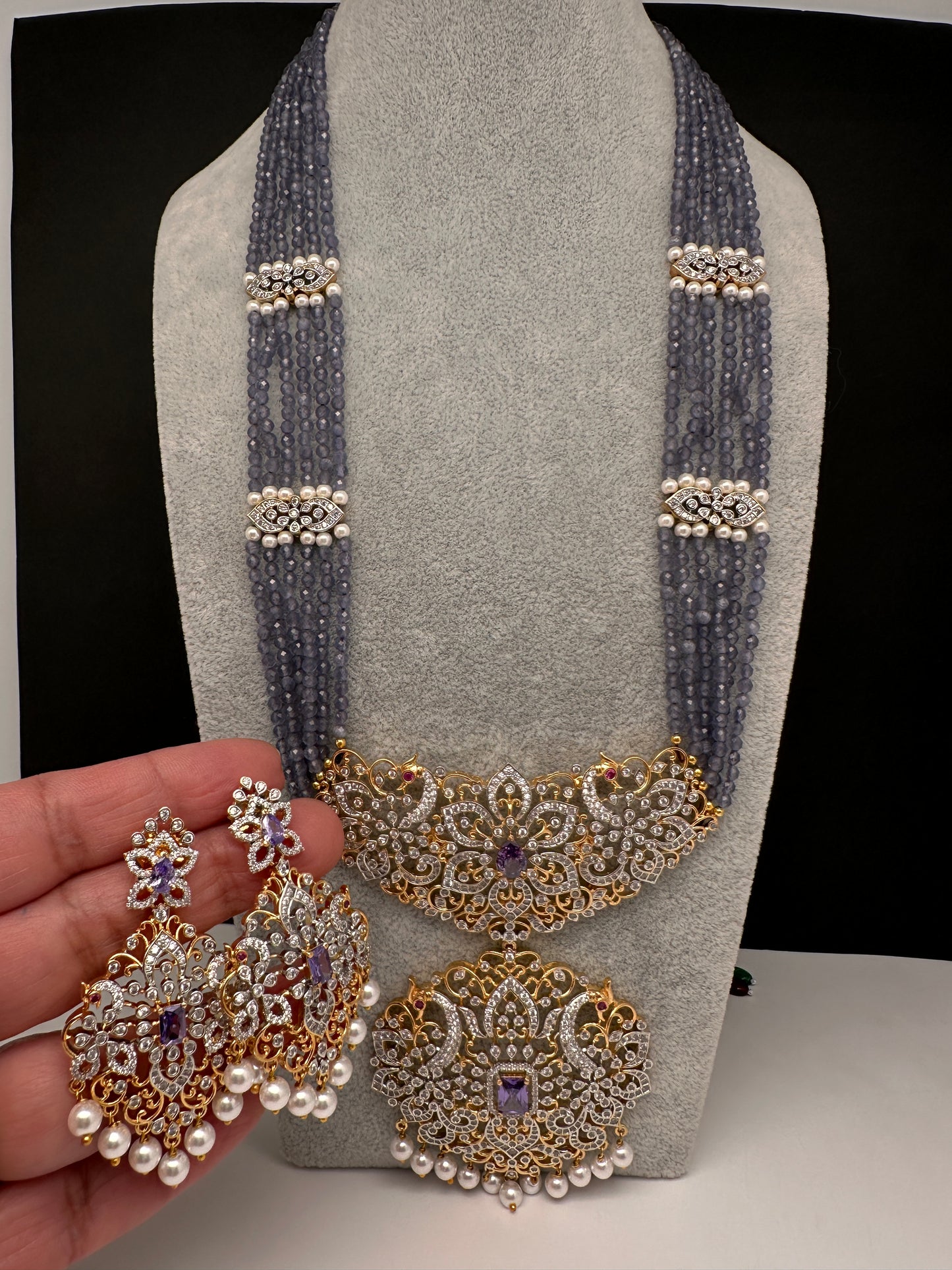 Lavender Purple CZ Beads Dual Tone Necklace - 