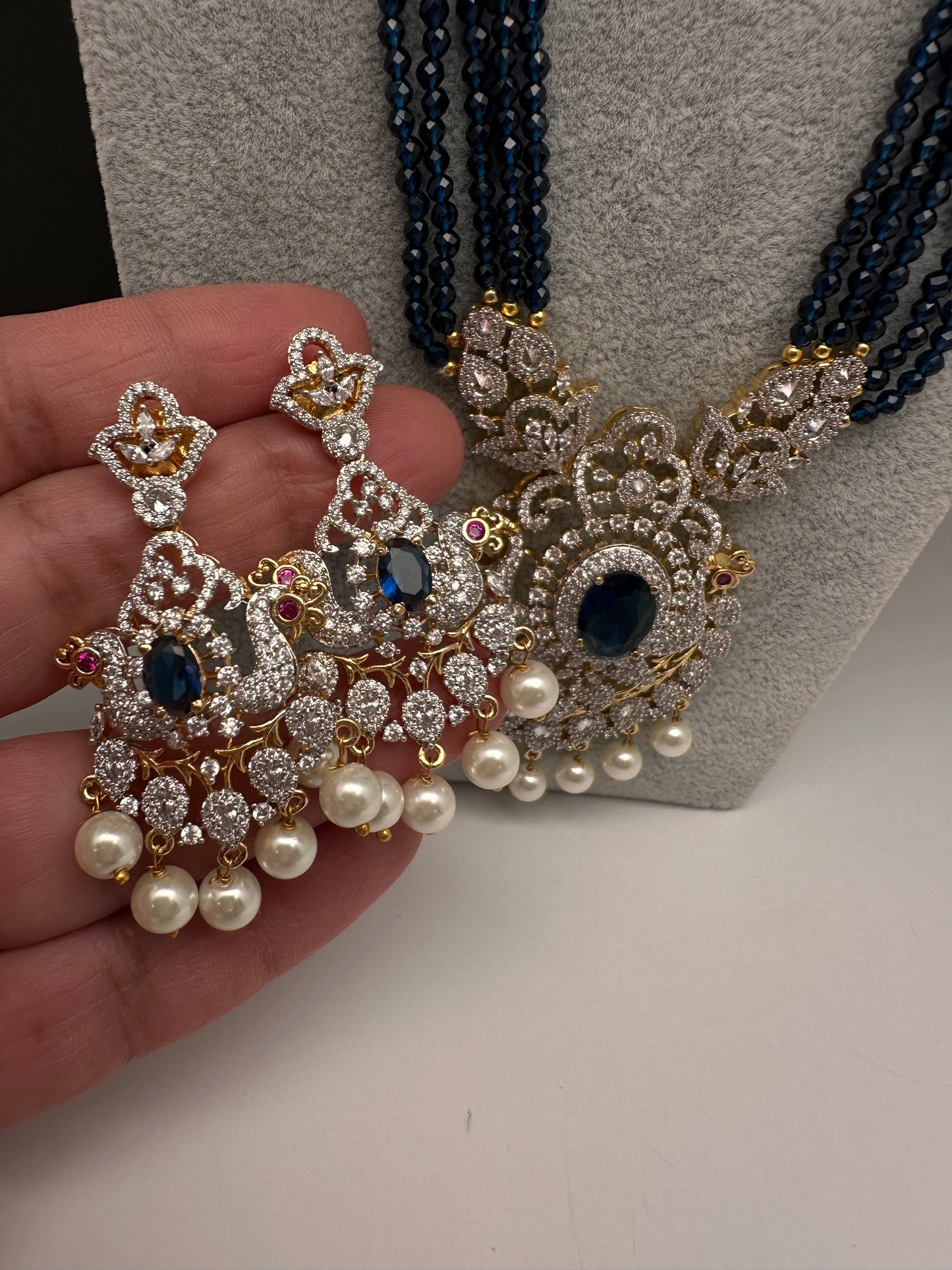 CZ Beads Long Color Stone Necklace - Blue