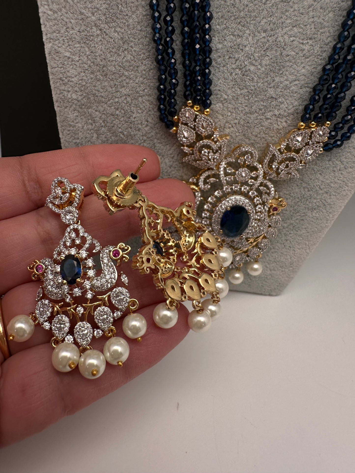 CZ Beads Long Color Stone Necklace - Blue