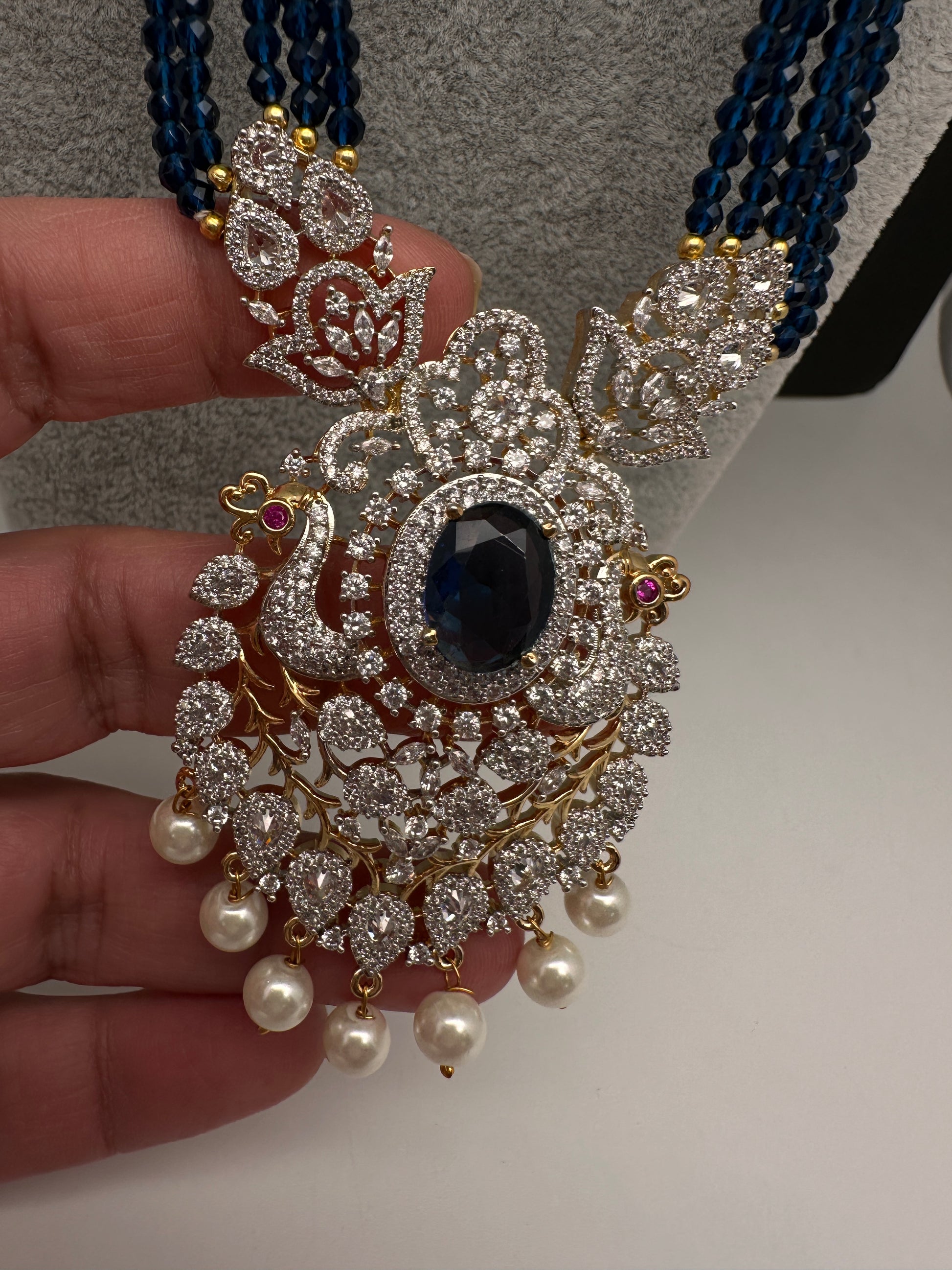 CZ Beads Long Color Stone Necklace - Blue