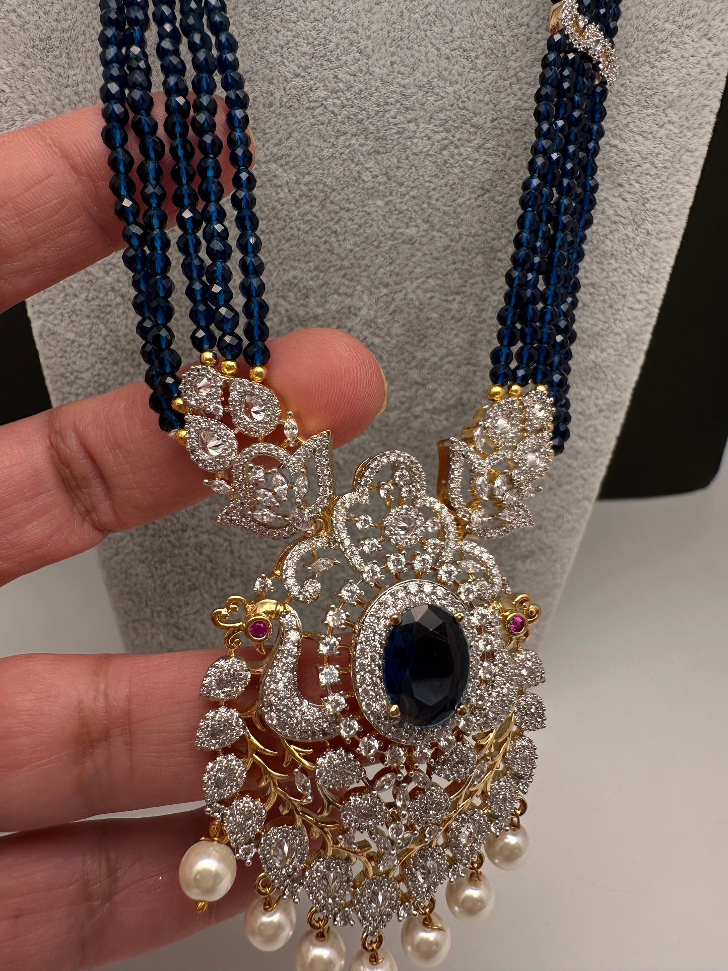 CZ Beads Long Color Stone Necklace - Blue