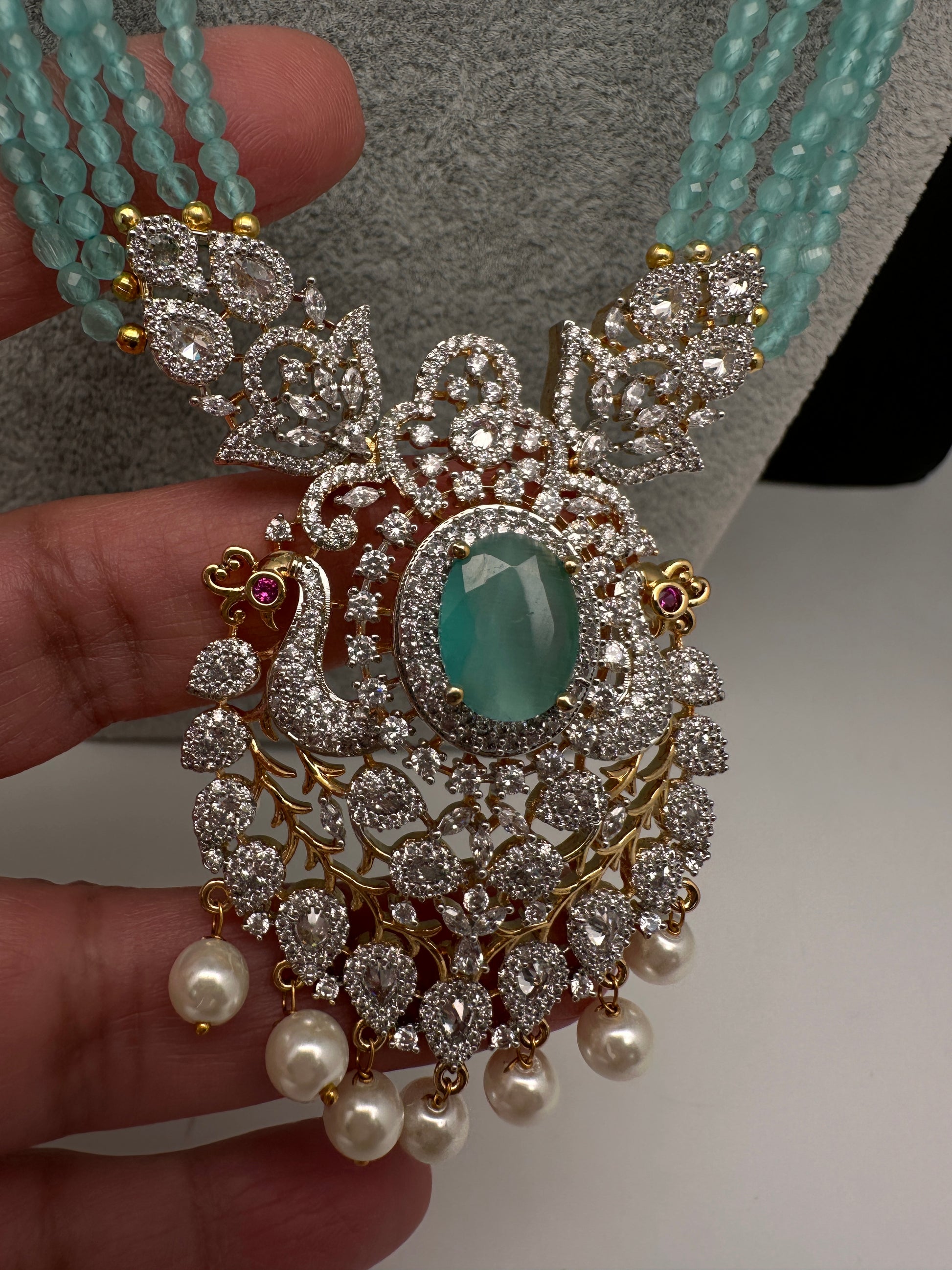 CZ Beads Long Color Stone Necklace - MintGreen