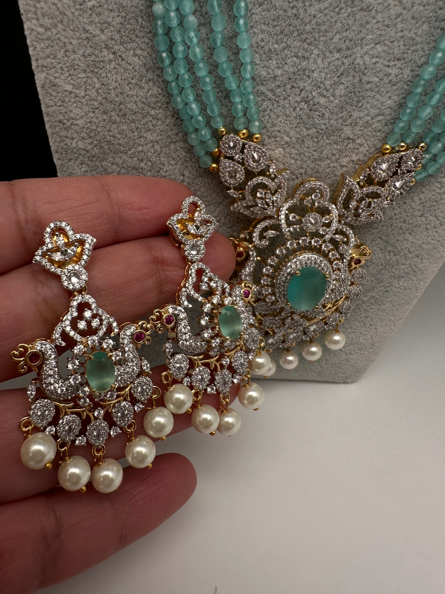 CZ Beads Long Color Stone Necklace - MintGreen