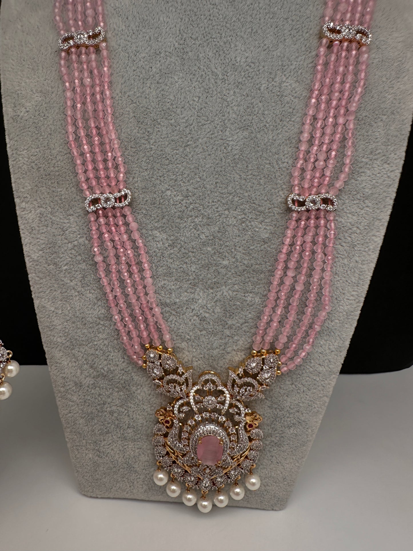 CZ Beads Long Color Stone Necklace - Pink