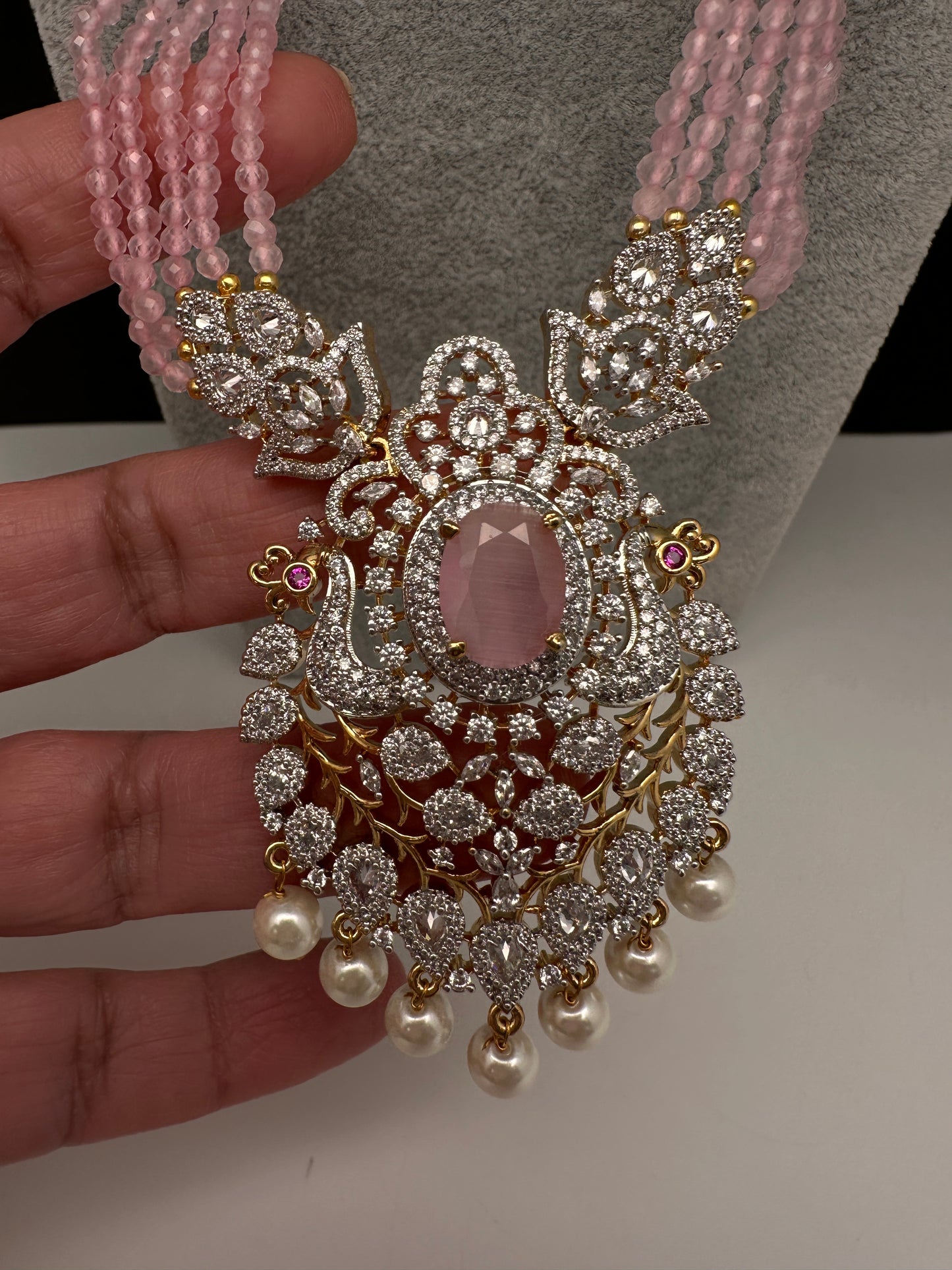 CZ Beads Long Color Stone Necklace - Pink