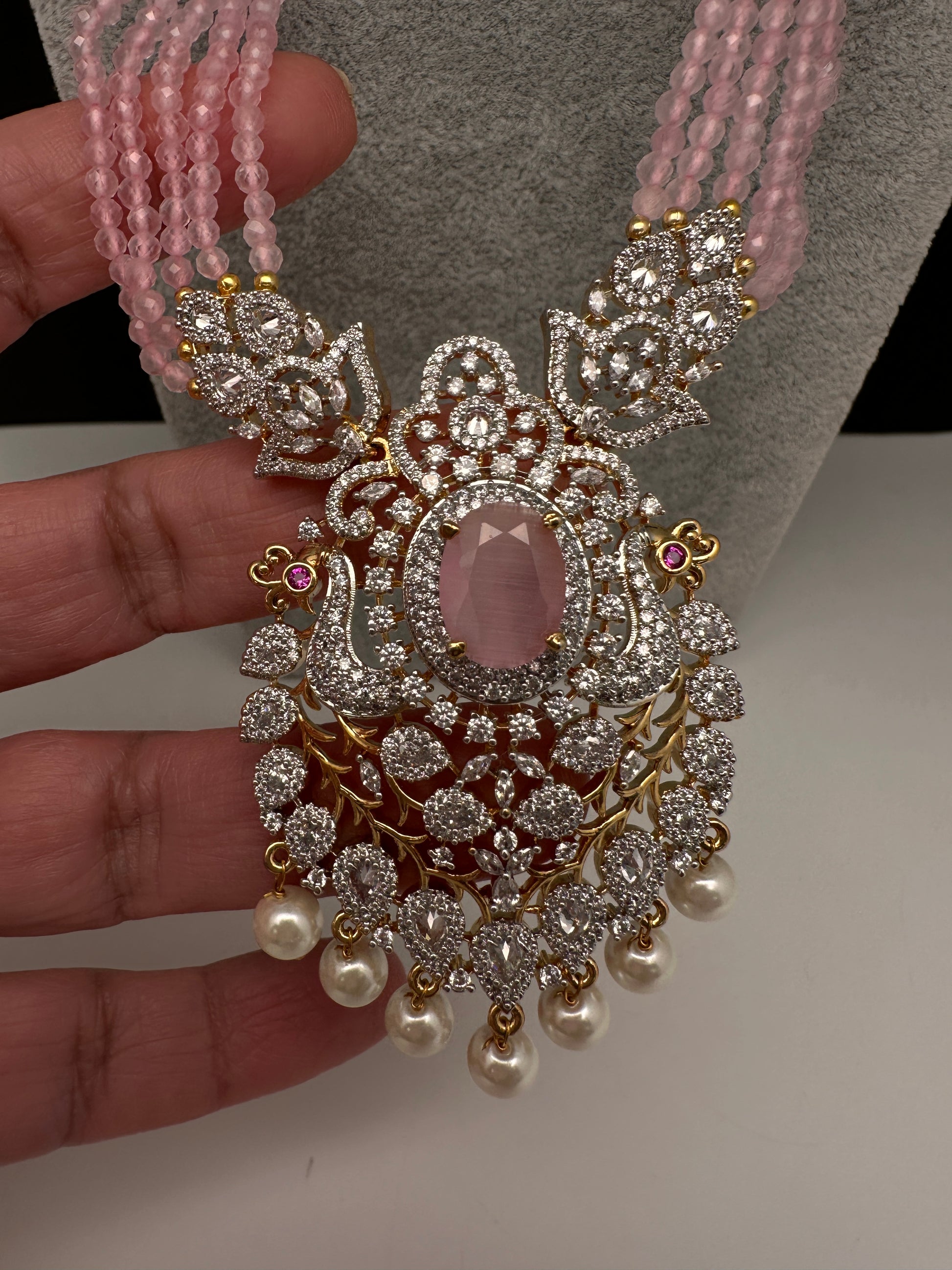 CZ Beads Long Color Stone Necklace - Pink