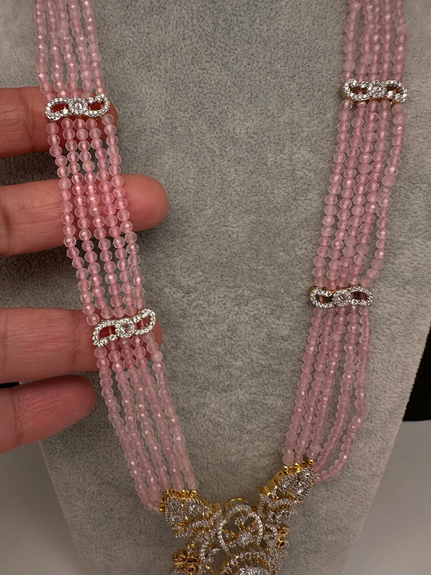 CZ Beads Long Color Stone Necklace - Pink