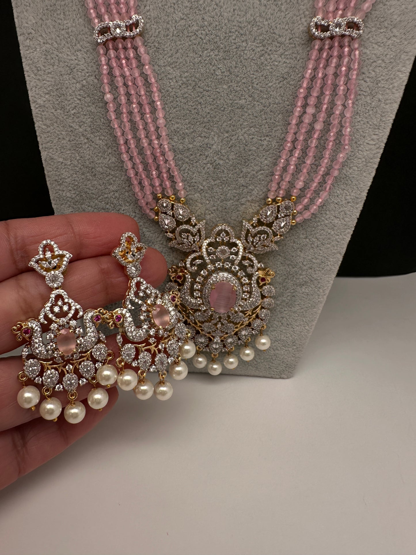 CZ Beads Long Color Stone Necklace - Pink