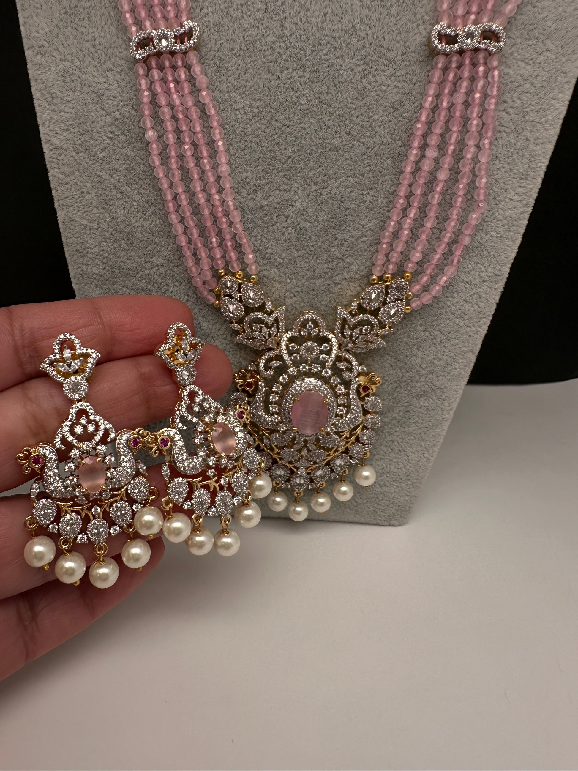 CZ Beads Long Color Stone Necklace - Pink