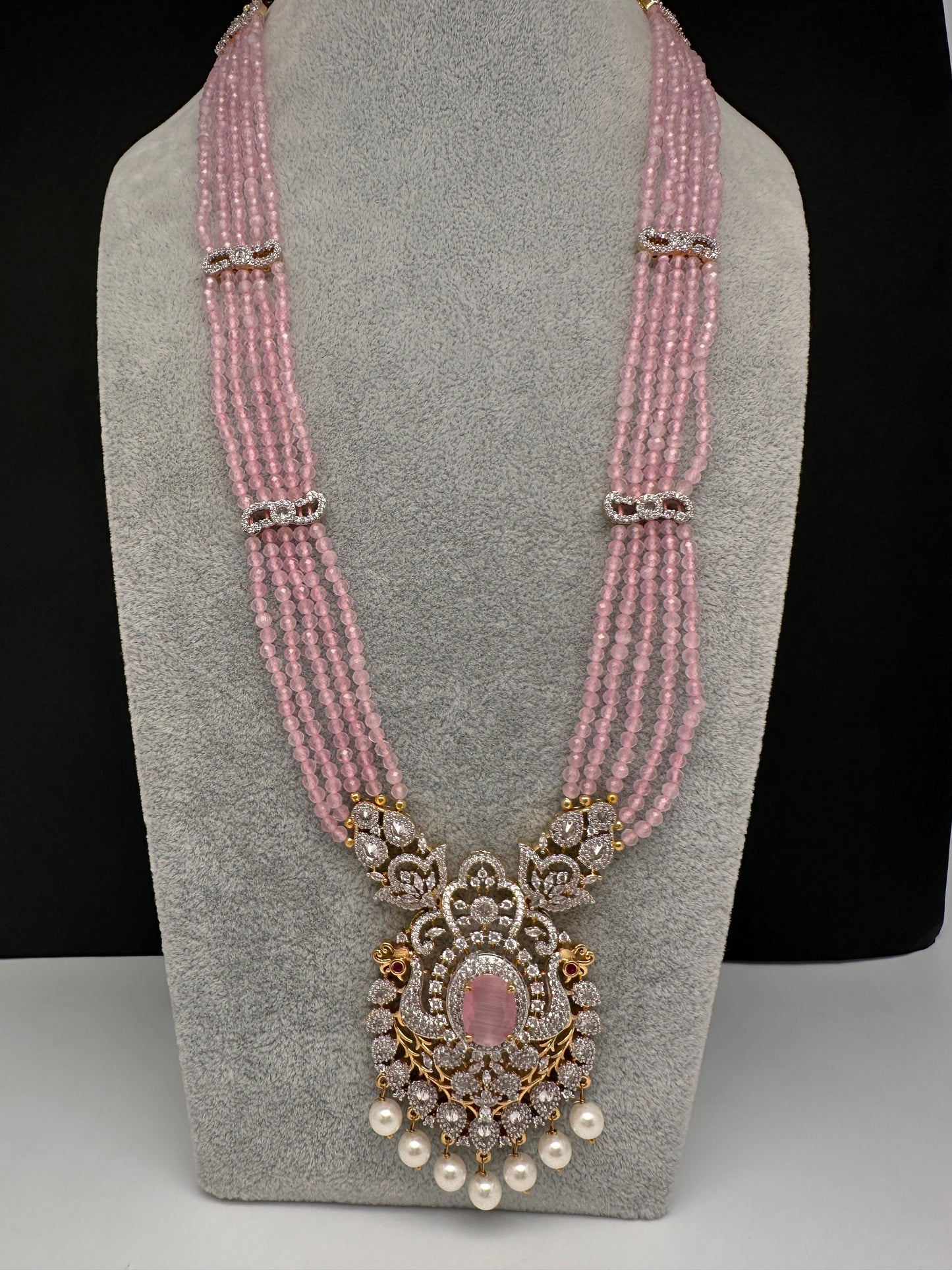 CZ Beads Long Color Stone Necklace - Pink