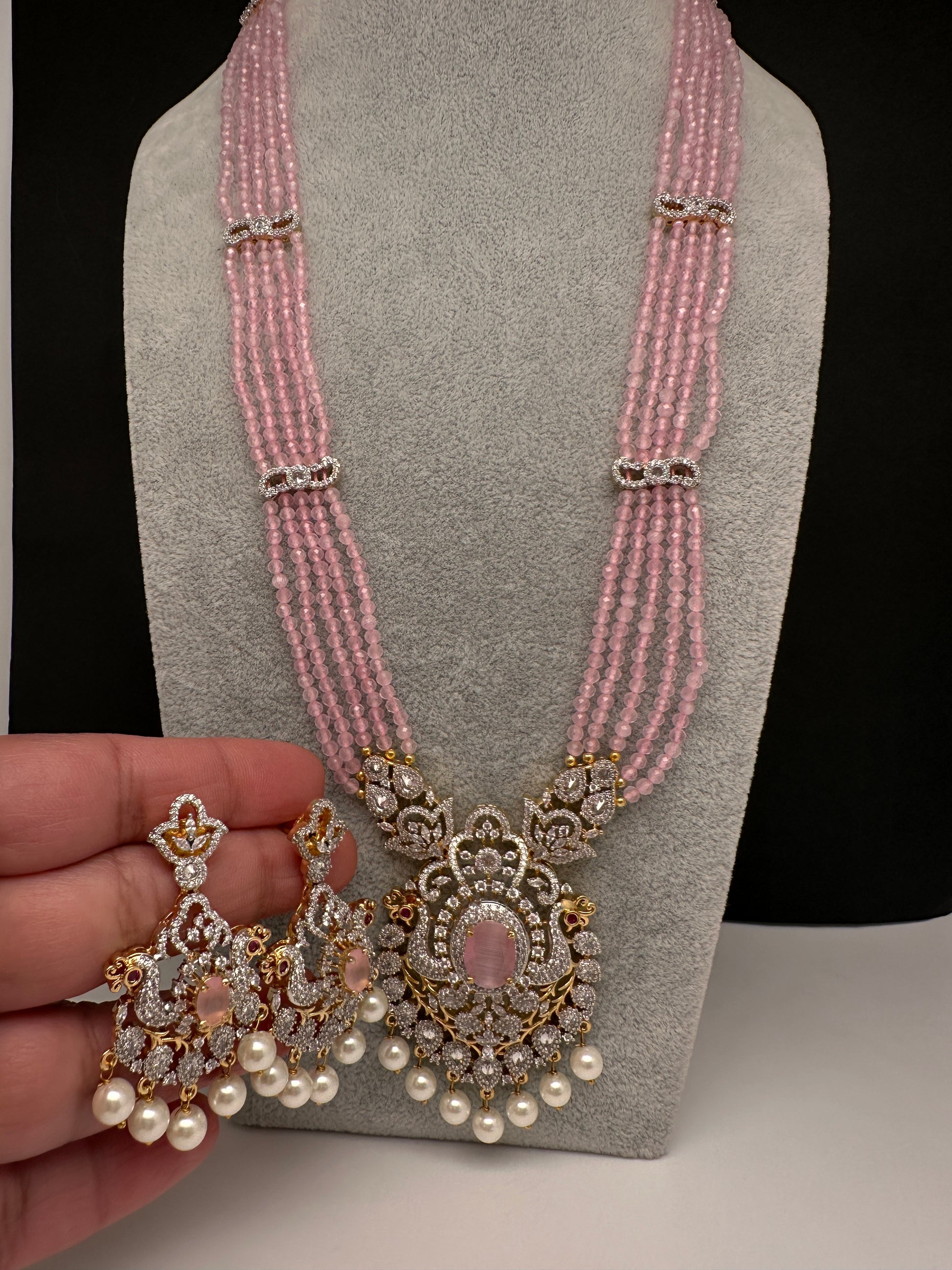 CZ Beads Long Color Stone Necklace - Pink