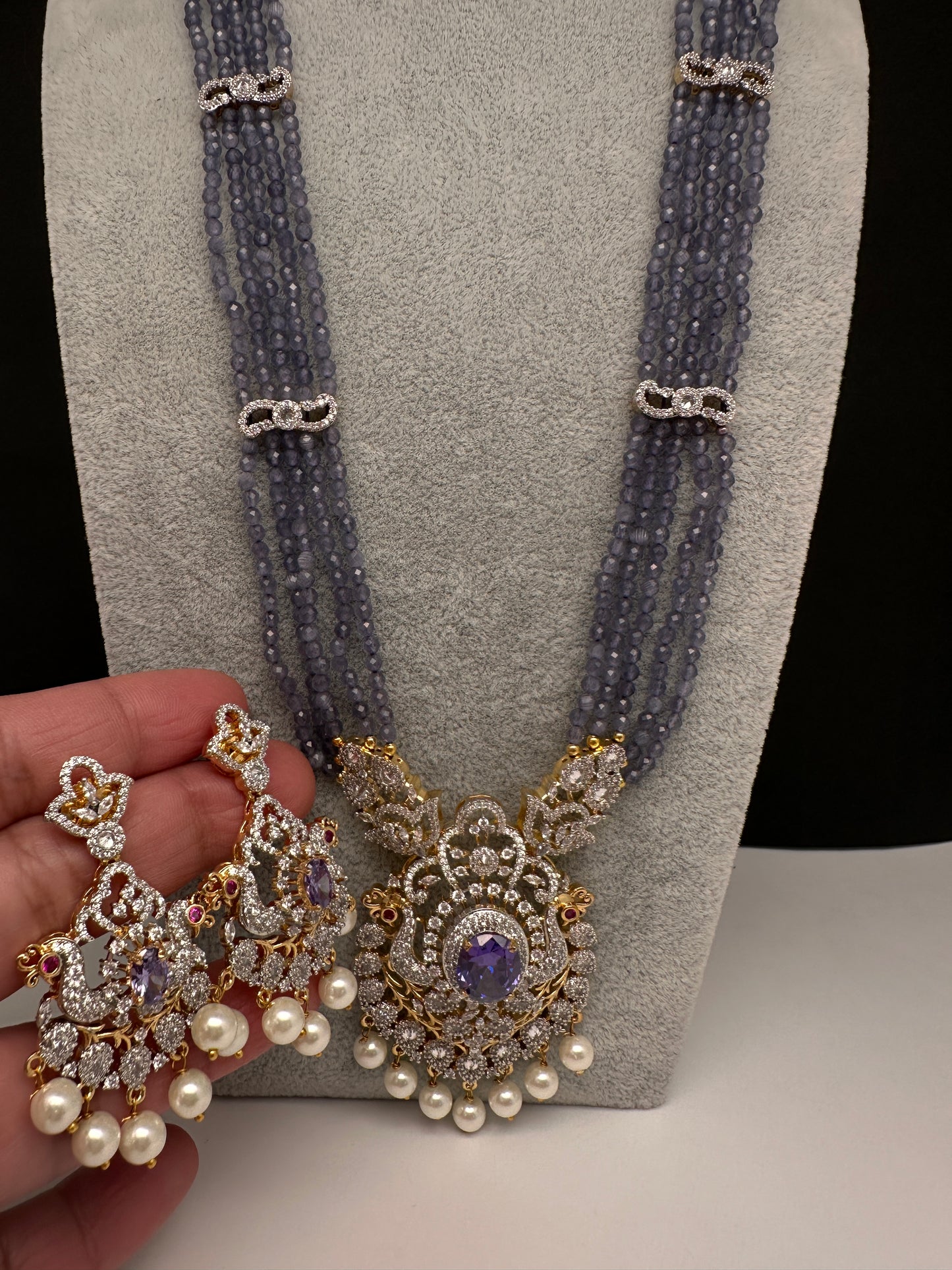CZ Beads Long Color Stone Necklace - Purple