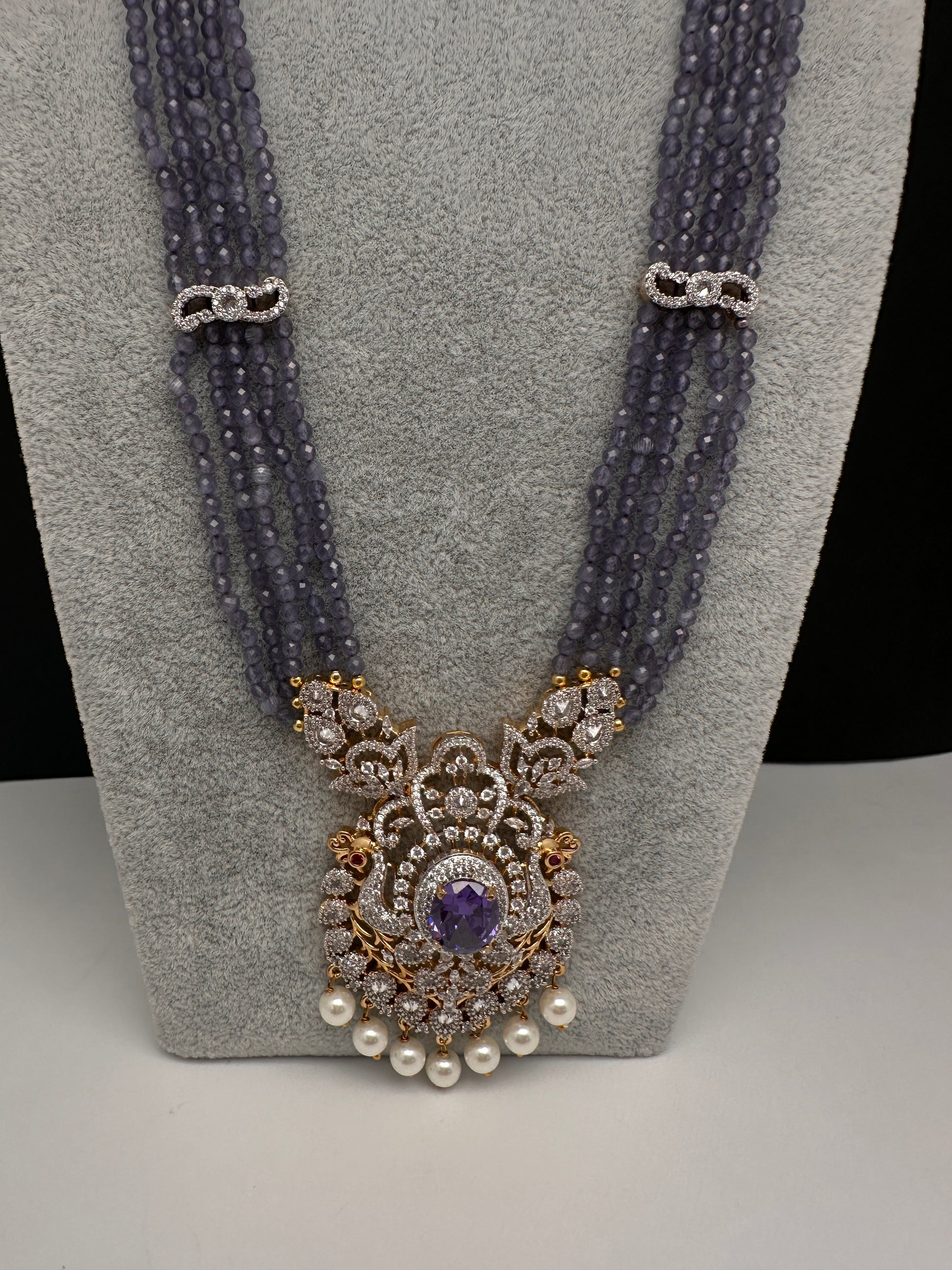 CZ Beads Long Color Stone Necklace - Purple