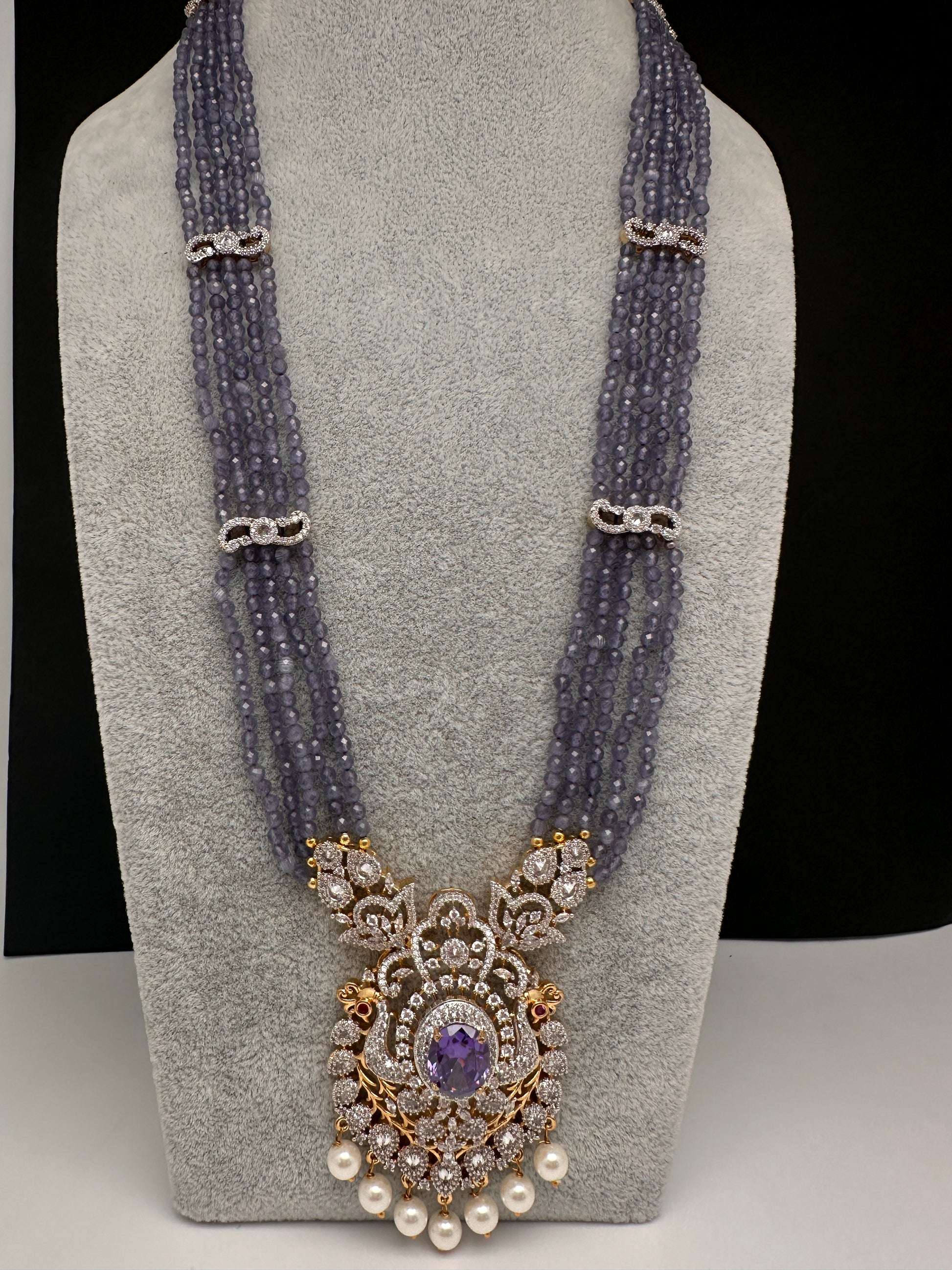 CZ Beads Long Color Stone Necklace - Purple