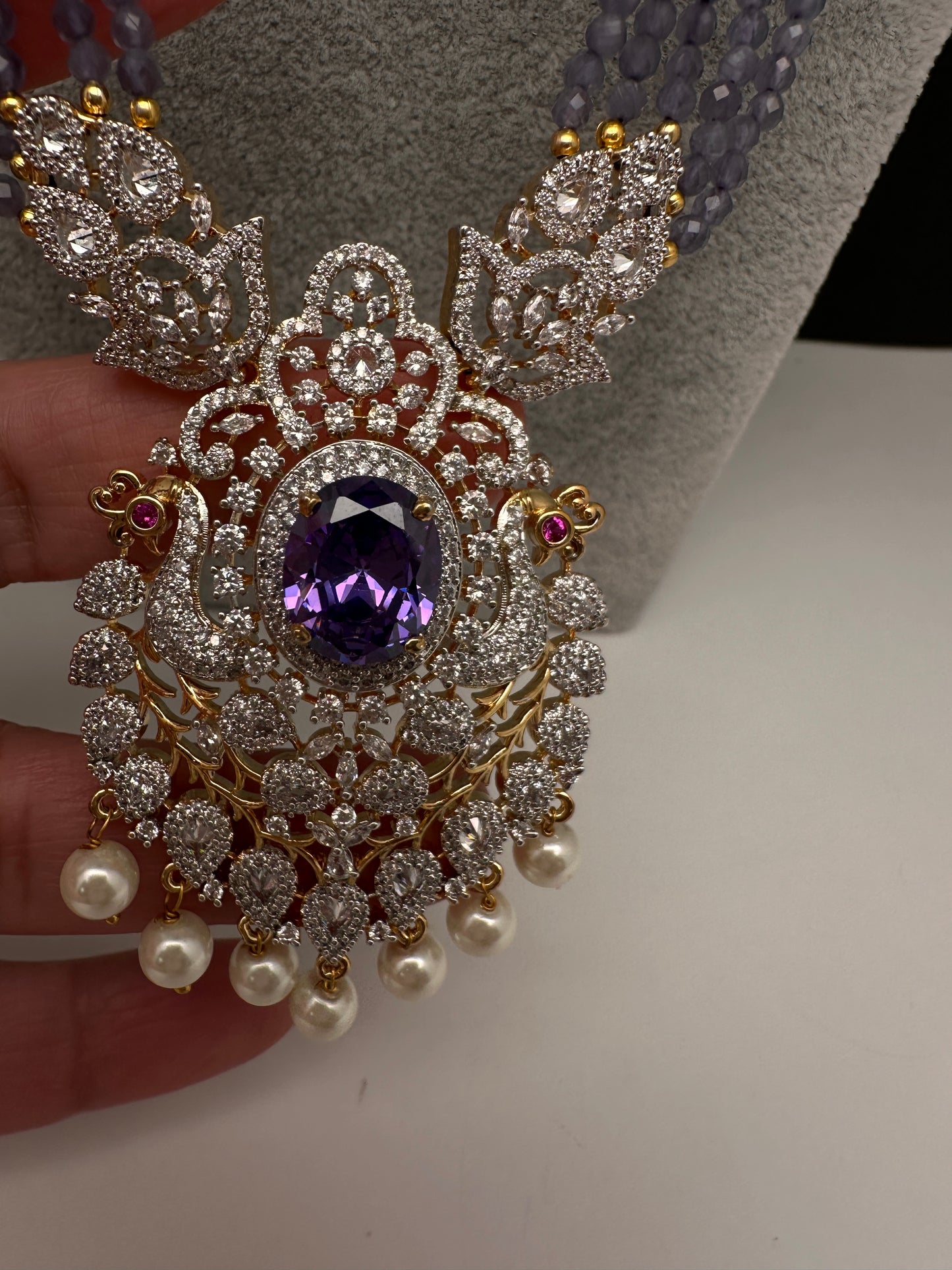 CZ Beads Long Color Stone Necklace - Purple