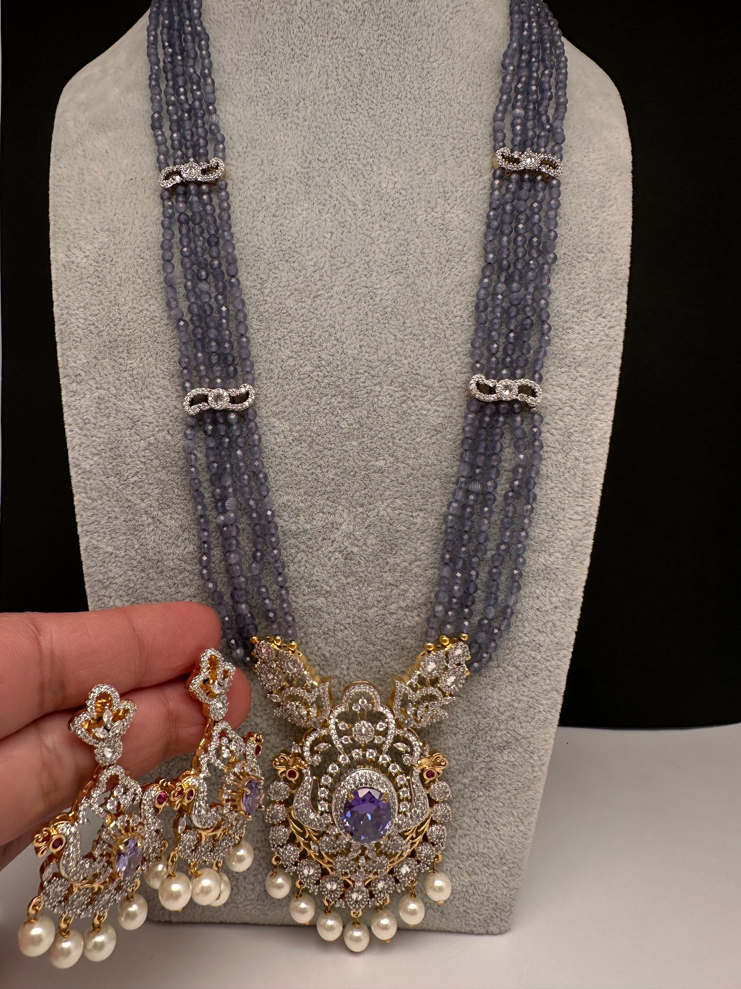 CZ Beads Long Color Stone Necklace - Purple