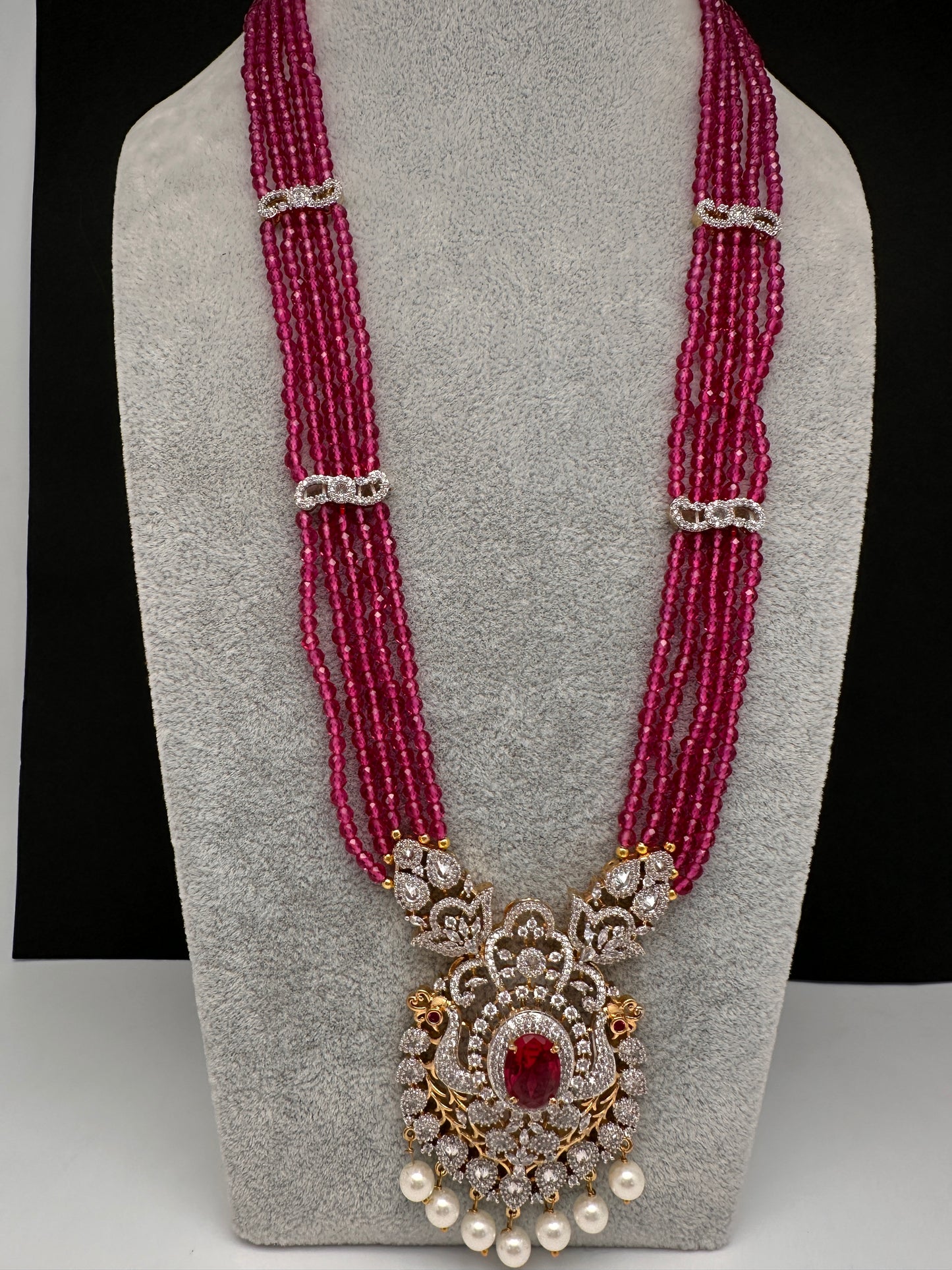 CZ Beads Long Color Stone Necklace - Red
