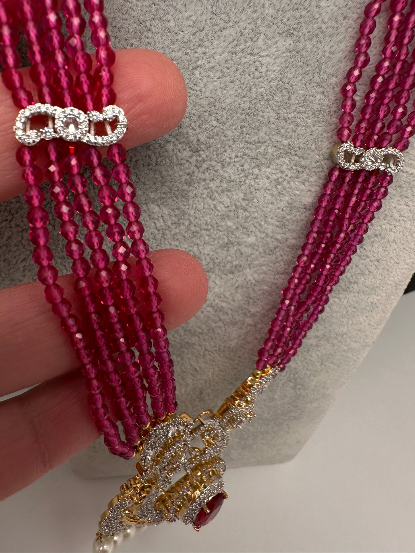 CZ Beads Long Color Stone Necklace - Red