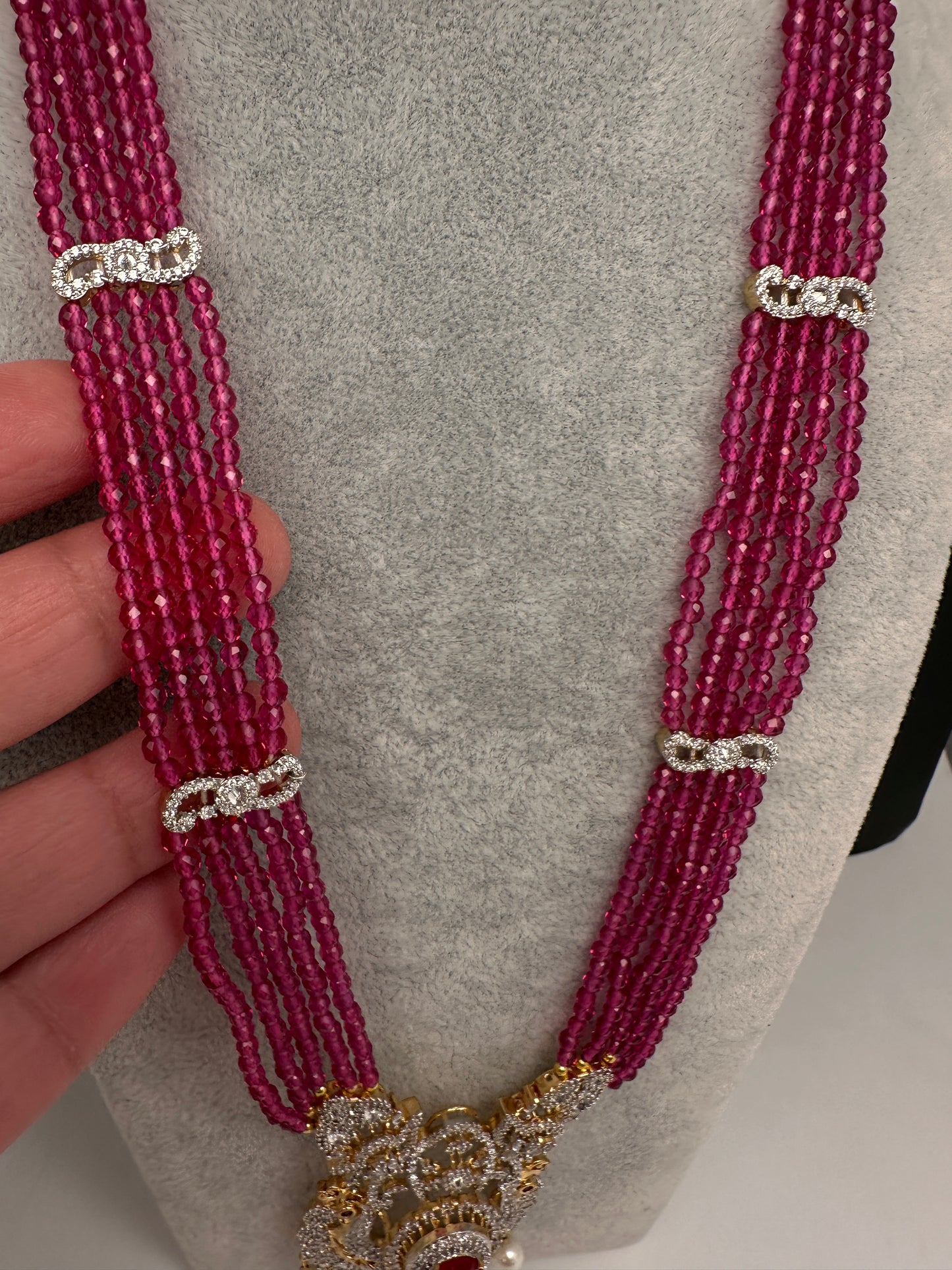 CZ Beads Long Color Stone Necklace - Red
