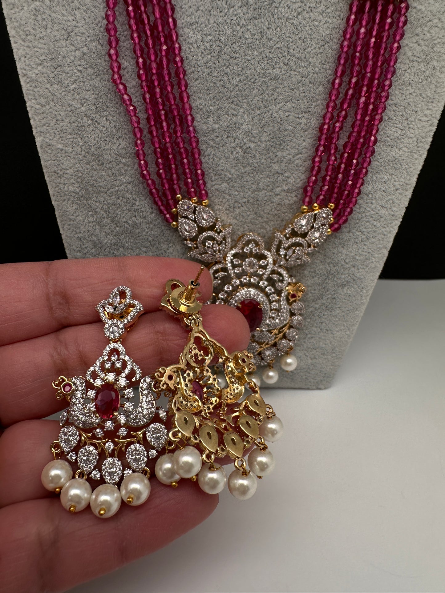 CZ Beads Long Color Stone Necklace - Red