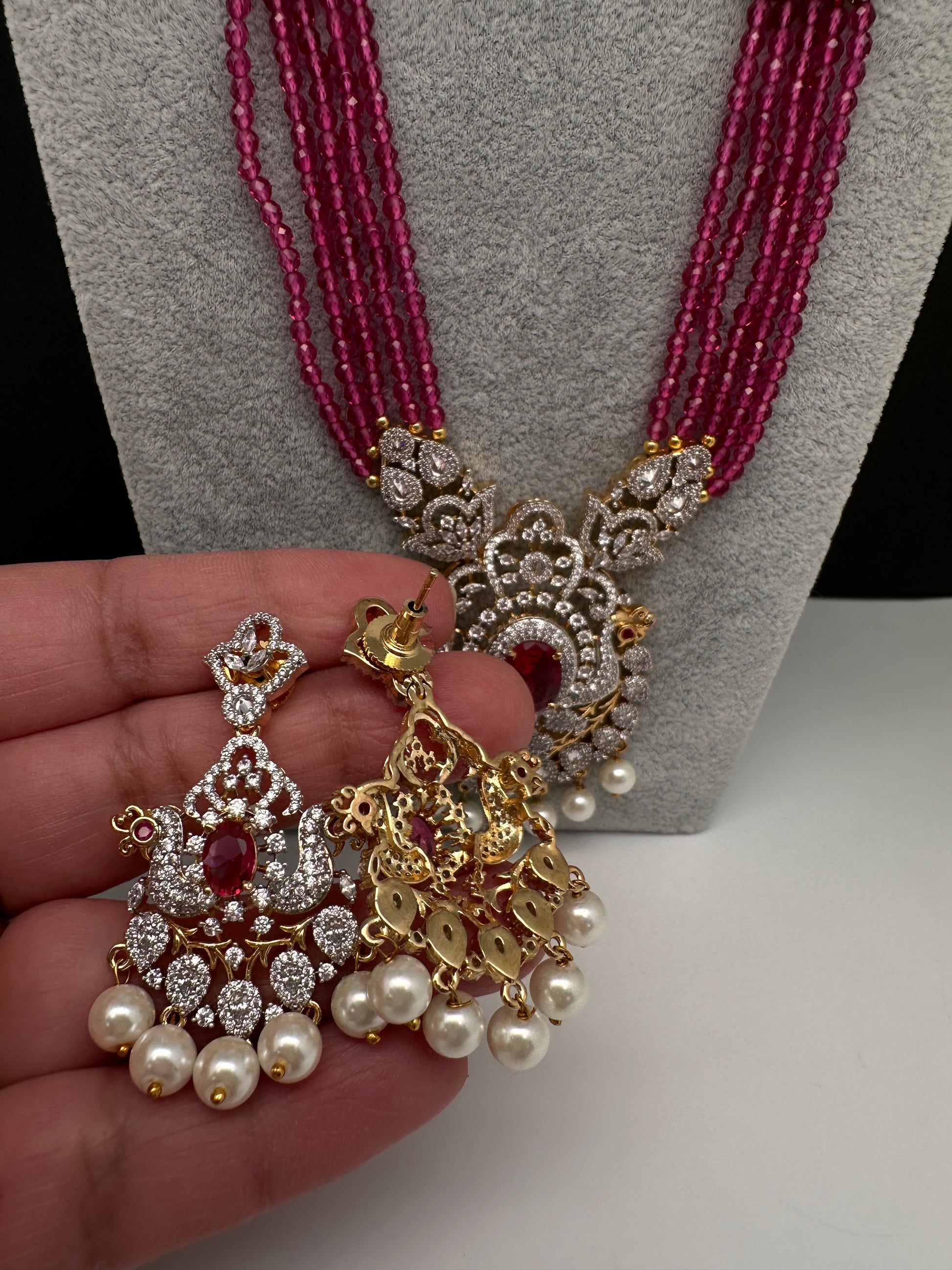 CZ Beads Long Color Stone Necklace - Red