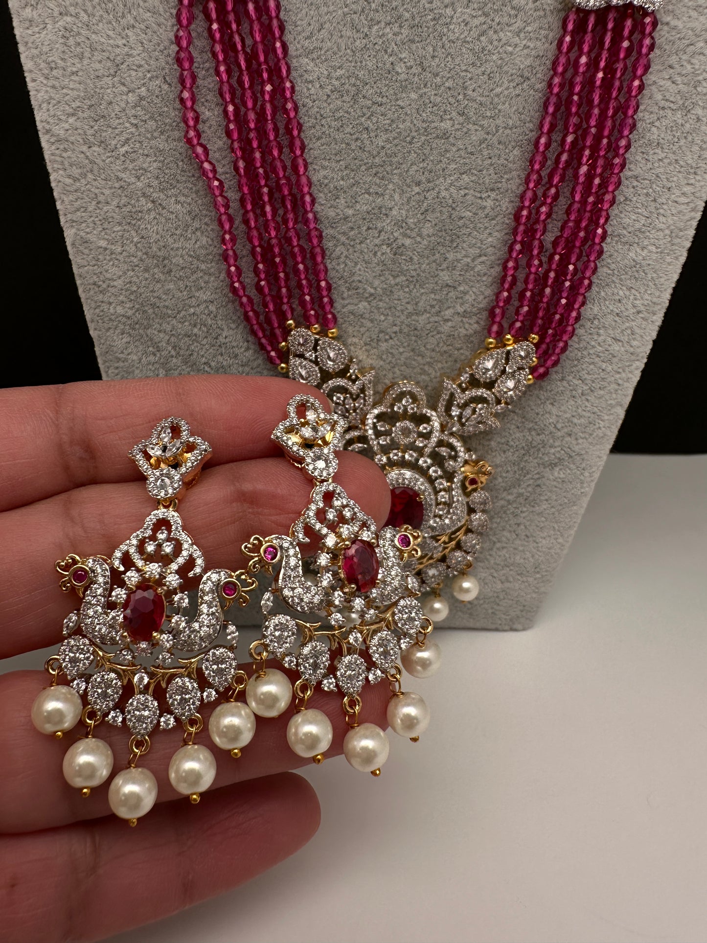 CZ Beads Long Color Stone Necklace - Red
