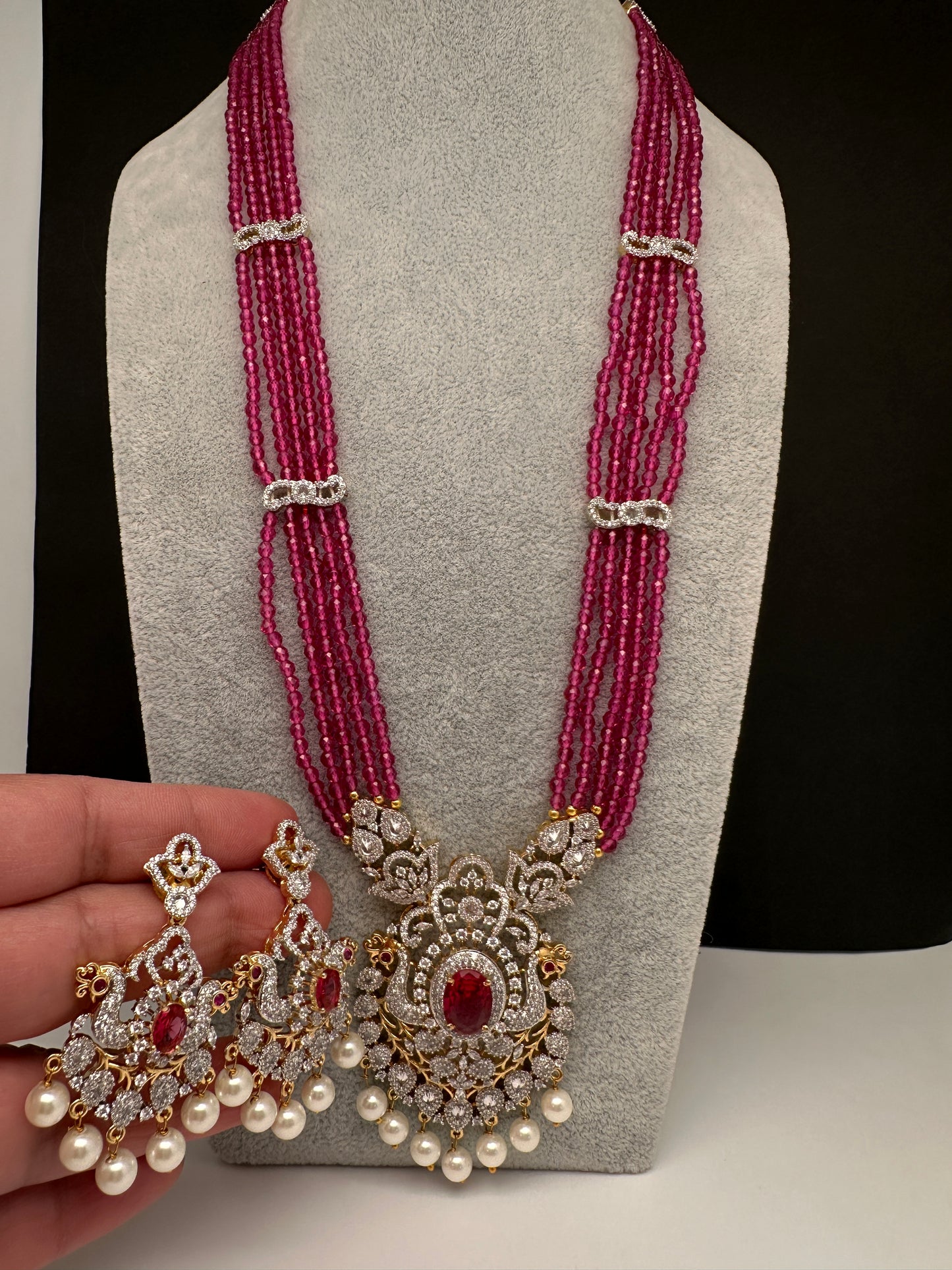 CZ Beads Long Color Stone Necklace - Red