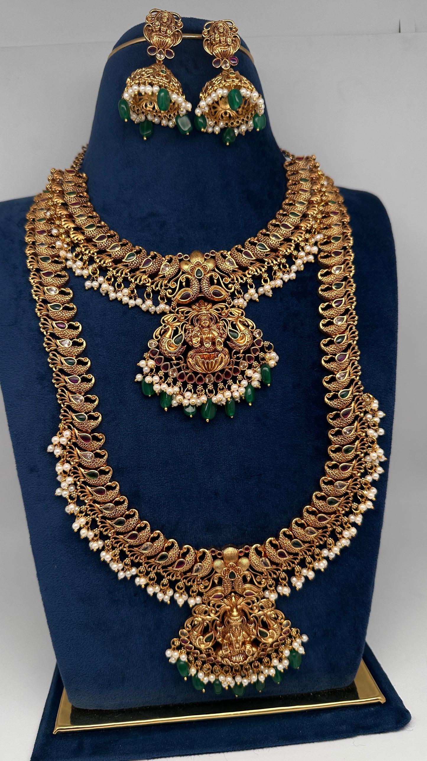 Traditional Matte Goddess Lakshmi Peacock Combo Necklace Set - 