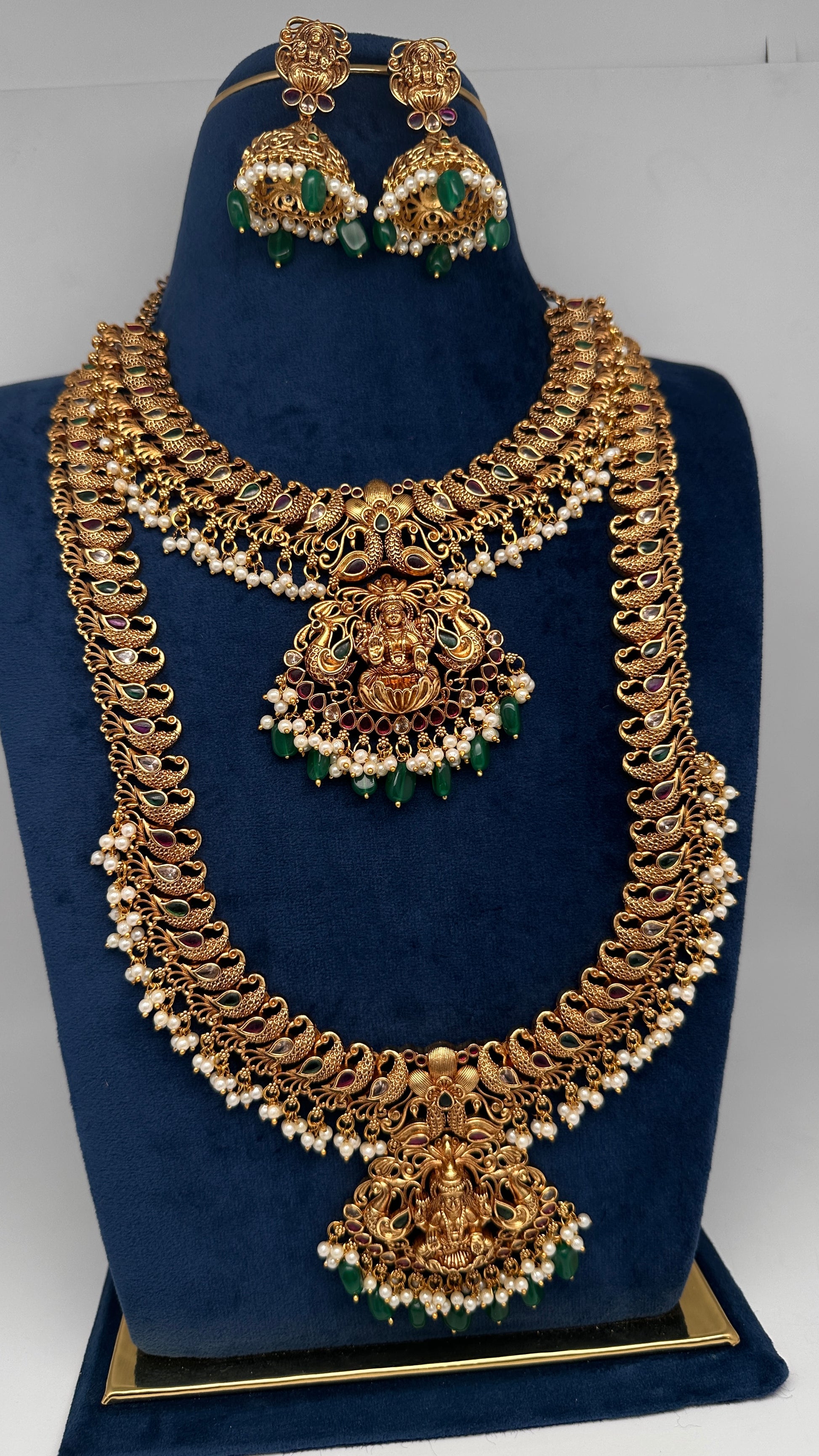 Traditional Matte Goddess Lakshmi Peacock Combo Necklace Set - 
