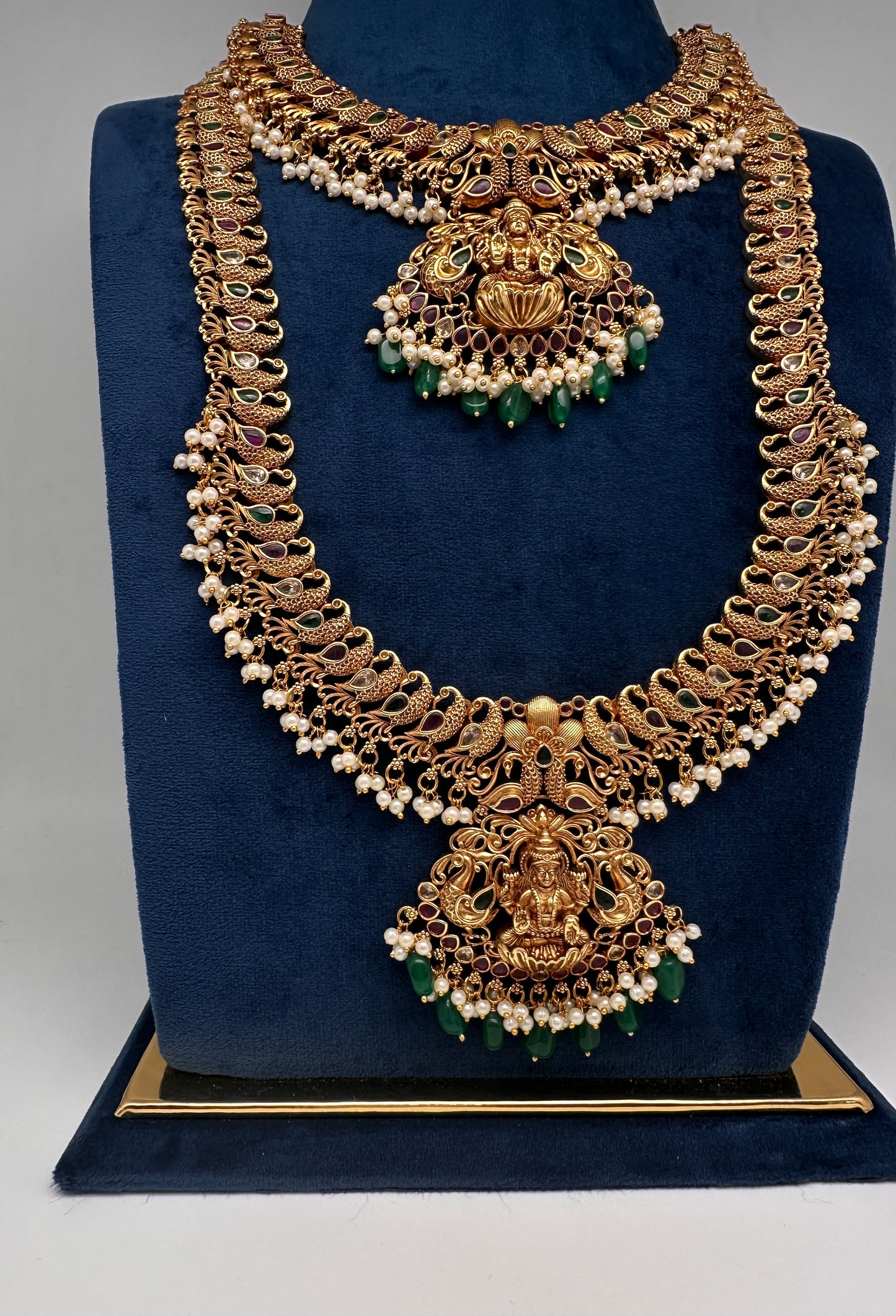 Traditional Matte Goddess Lakshmi Peacock Combo Necklace Set - 