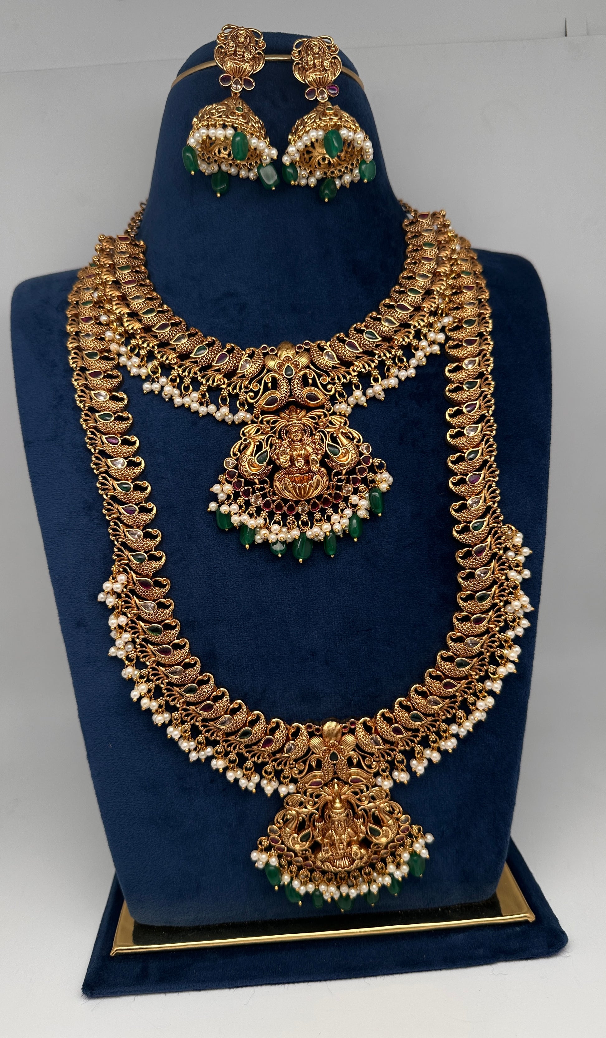 Traditional Matte Goddess Lakshmi Peacock Combo Necklace Set - 