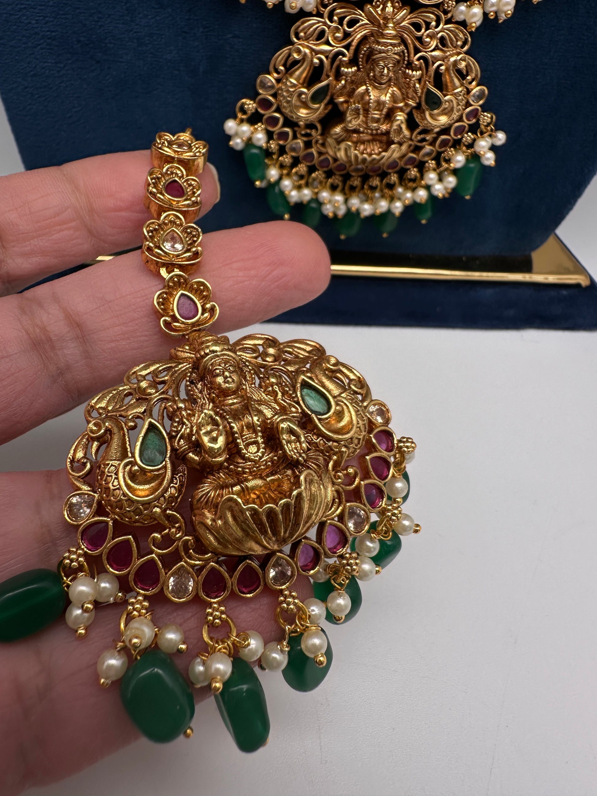 Traditional Matte Goddess Lakshmi Peacock Combo Necklace Set - 