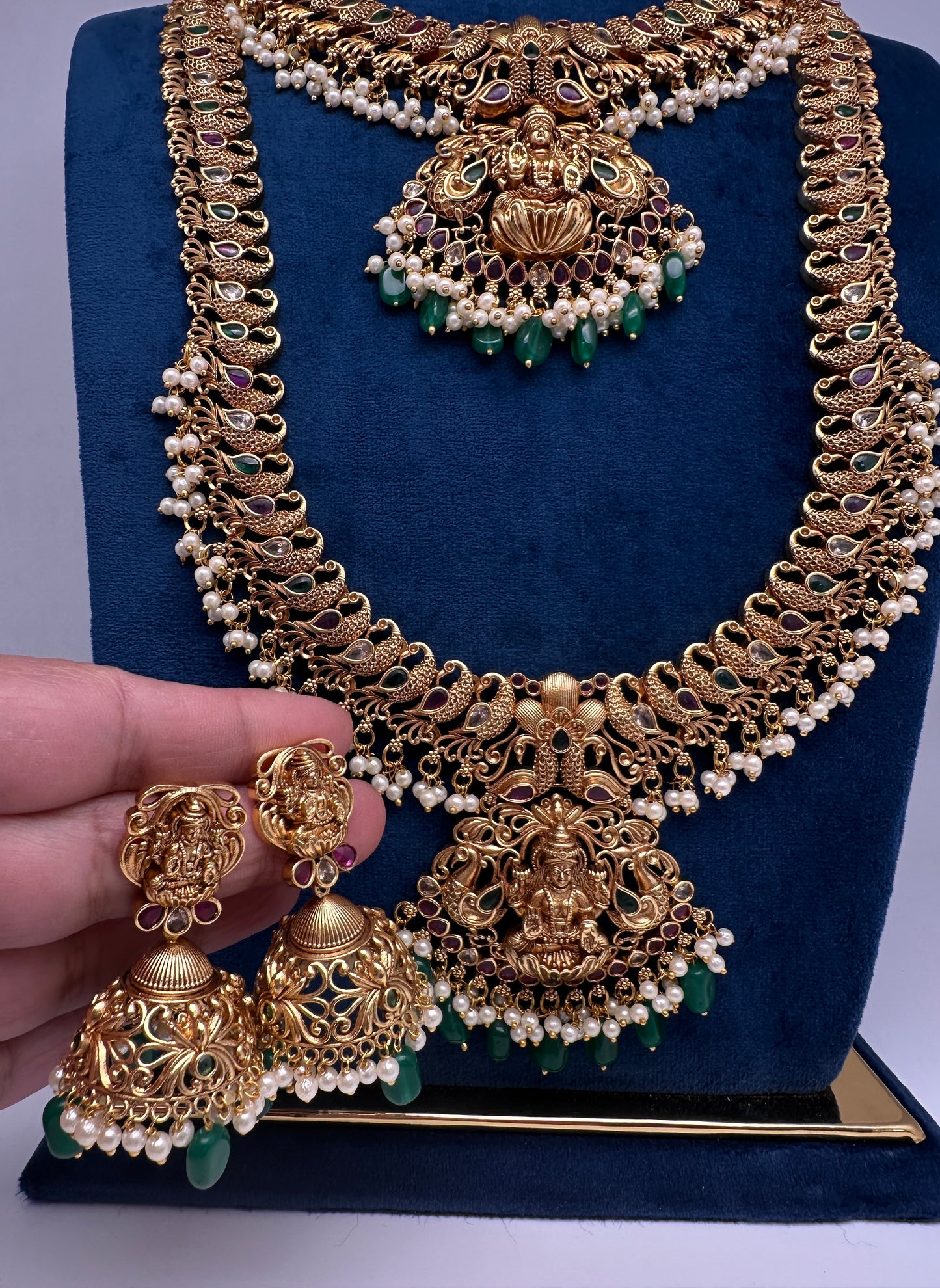 Traditional Matte Goddess Lakshmi Peacock Combo Necklace Set - 