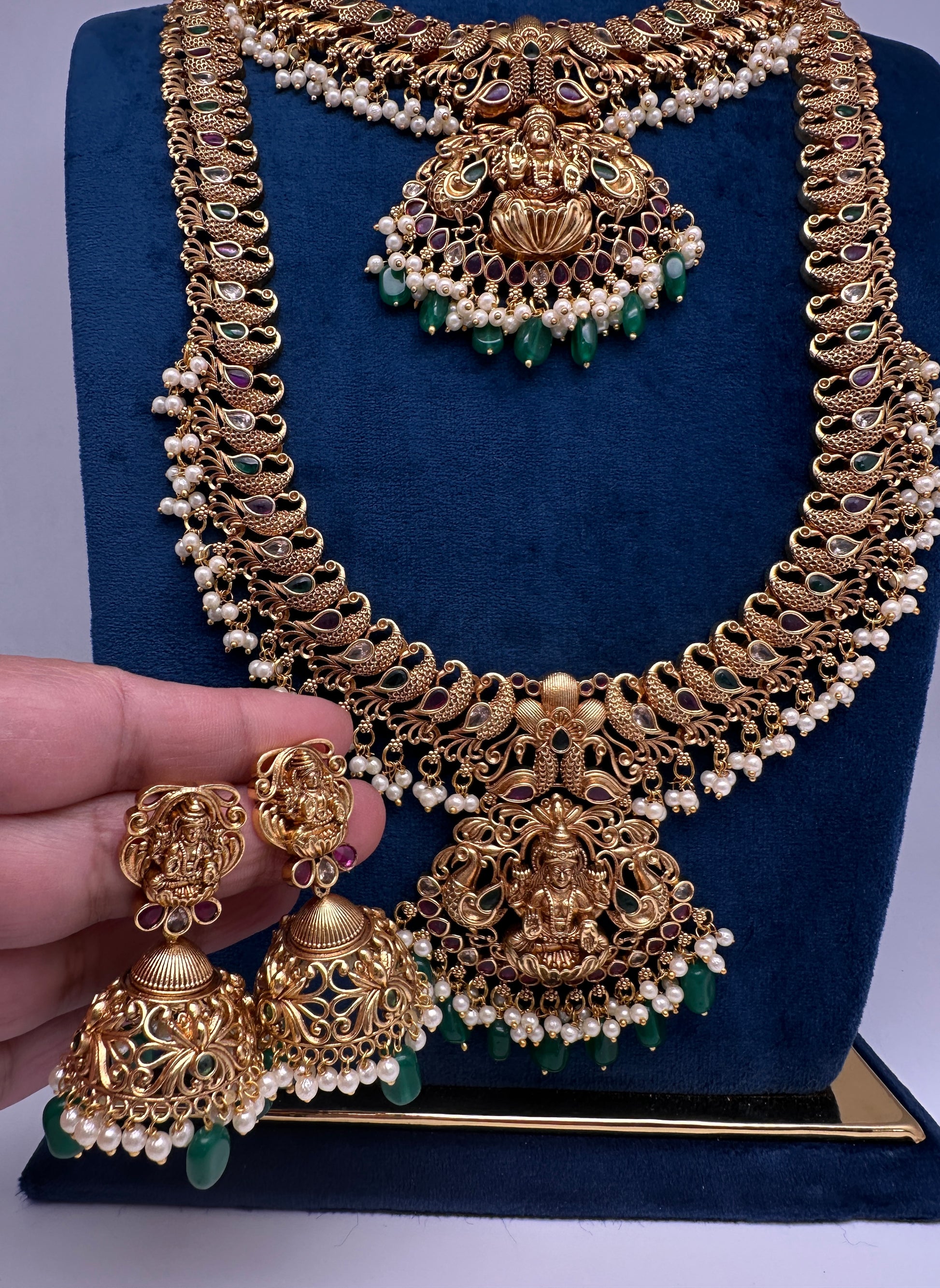 Traditional Matte Goddess Lakshmi Peacock Combo Necklace Set - 