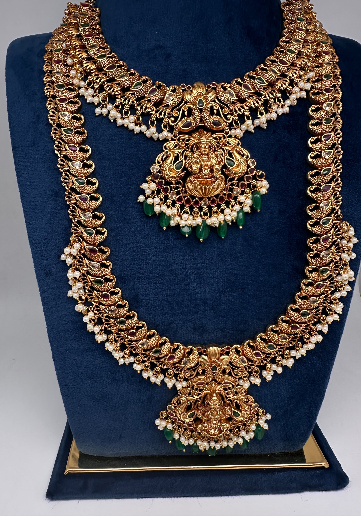 Traditional Matte Goddess Lakshmi Peacock Combo Necklace Set - 