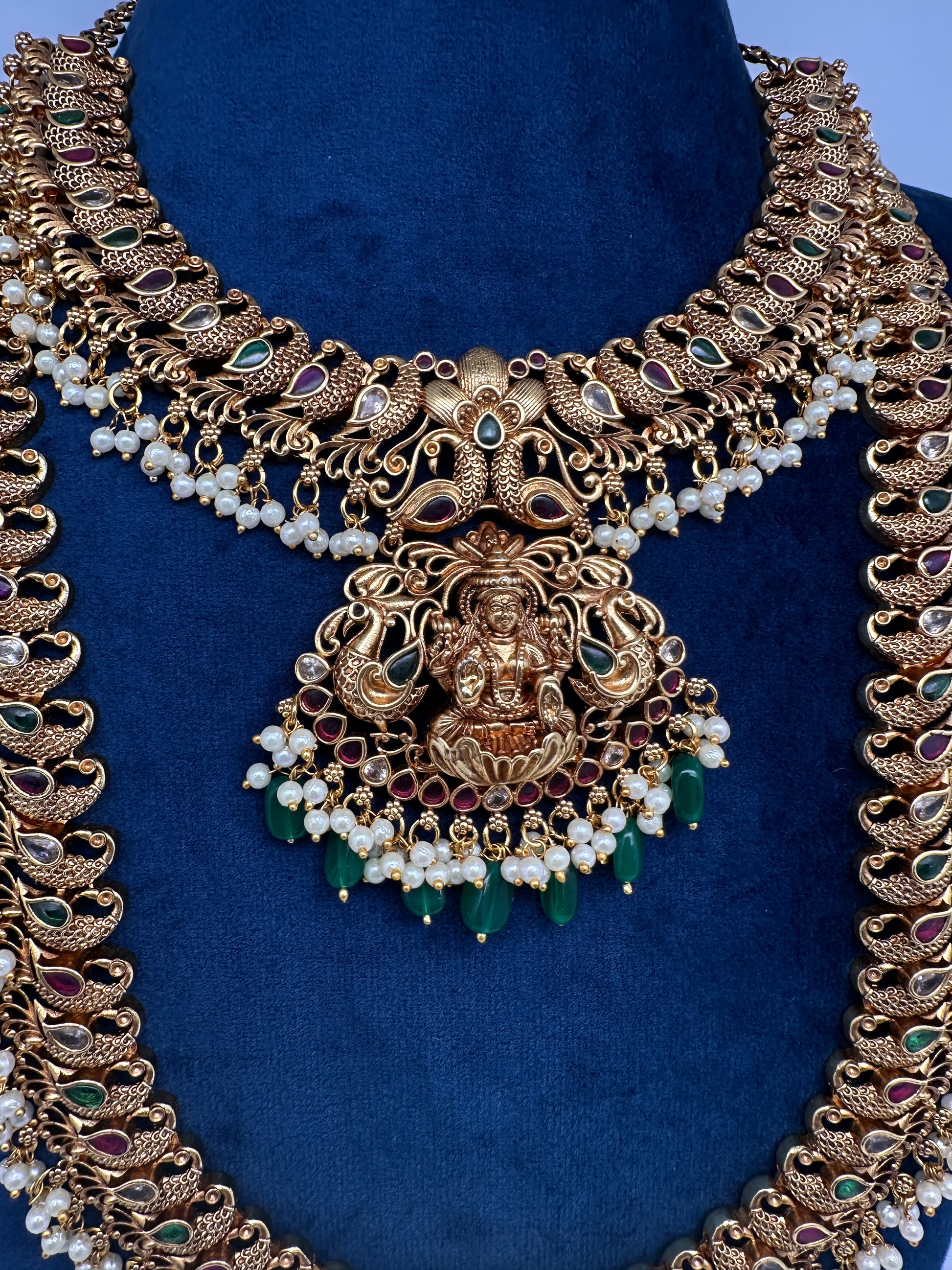 Traditional Matte Goddess Lakshmi Peacock Combo Necklace Set - 