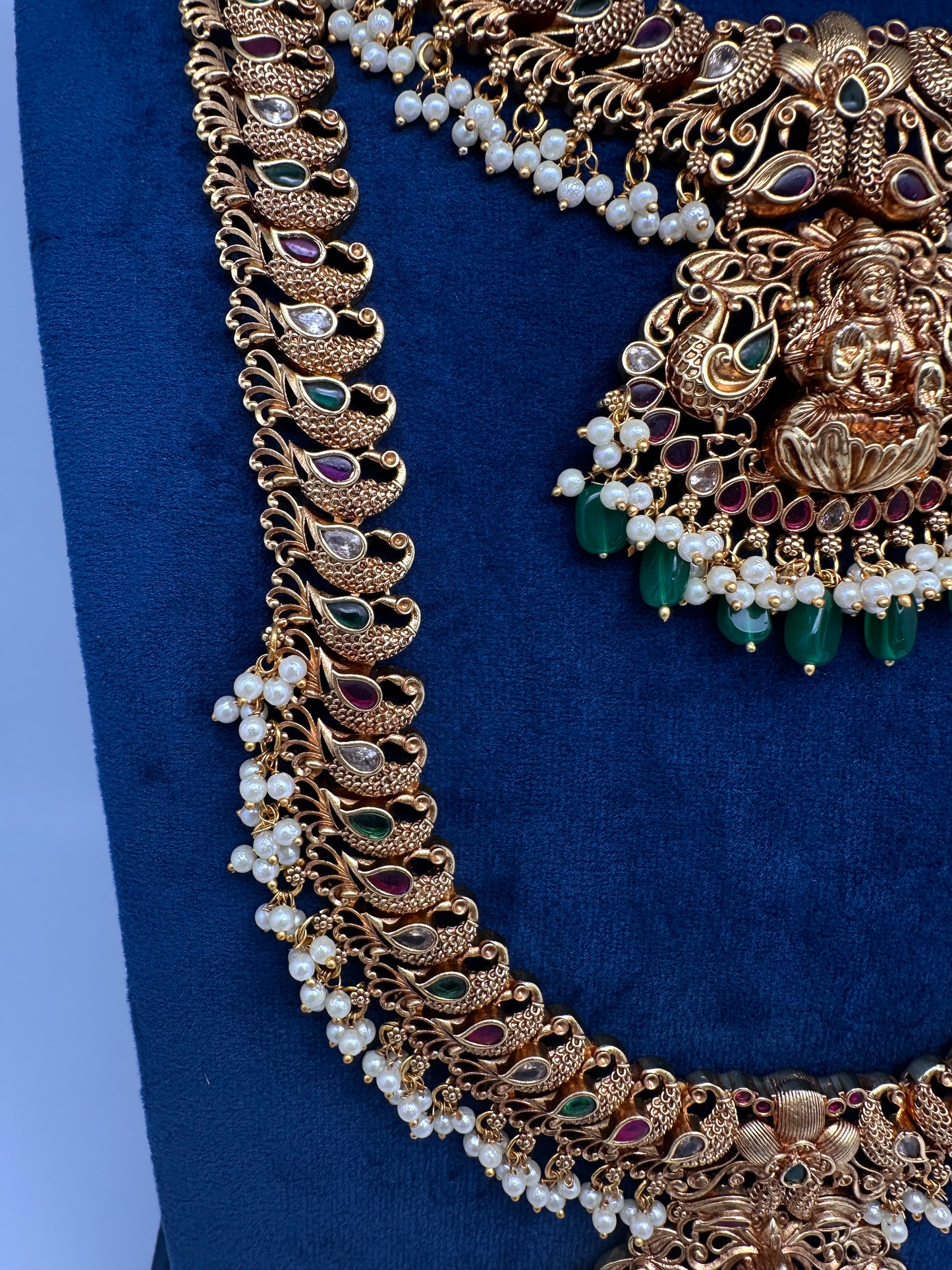 Traditional Matte Goddess Lakshmi Peacock Combo Necklace Set - 