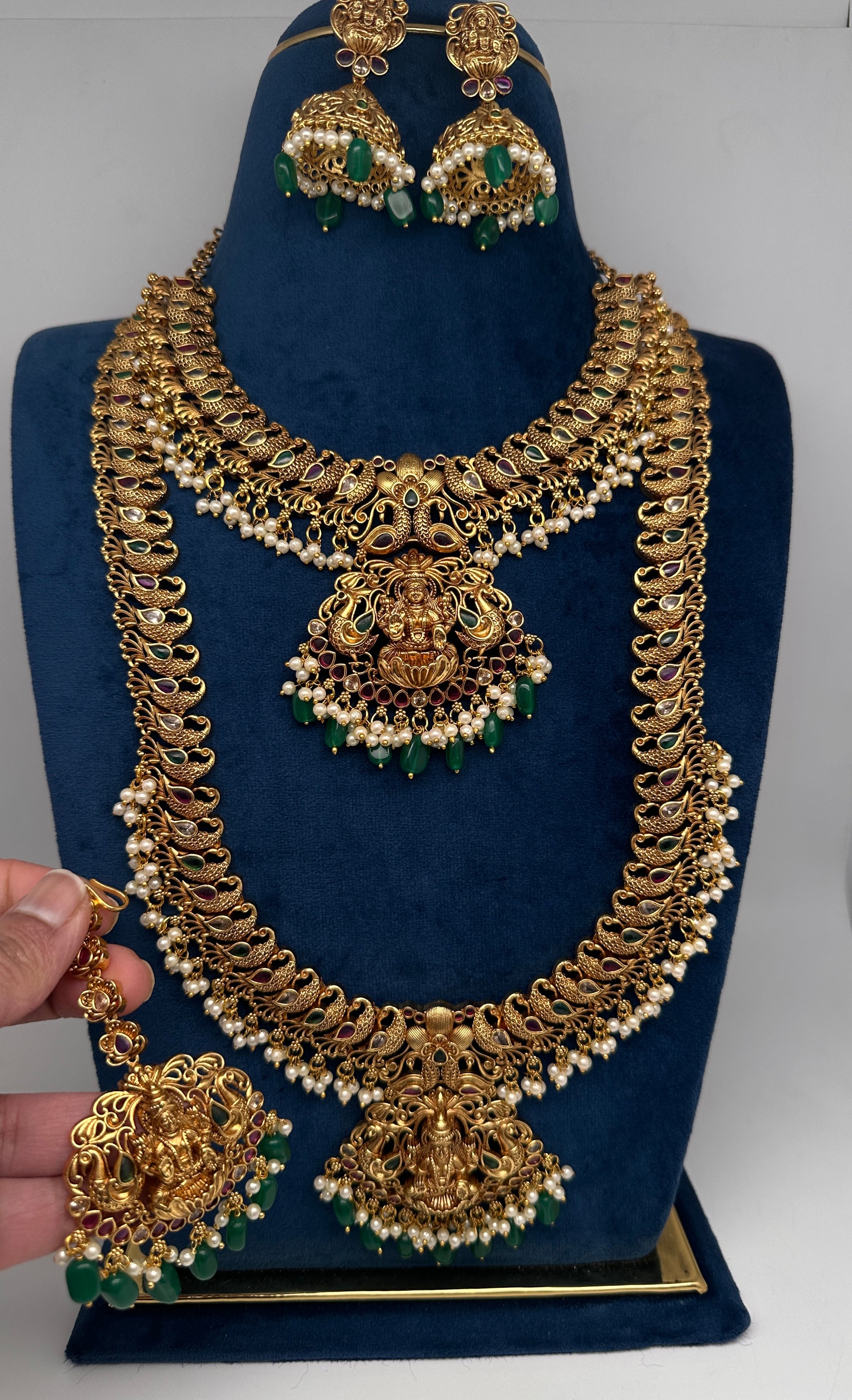 Traditional Matte Goddess Lakshmi Peacock Combo Necklace Set - 