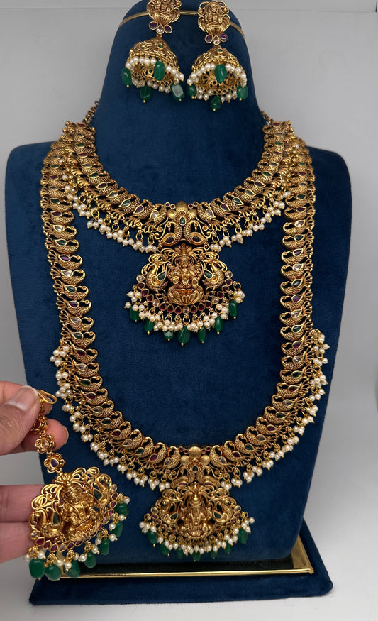 Traditional Matte Goddess Lakshmi Peacock Combo Necklace Set - 