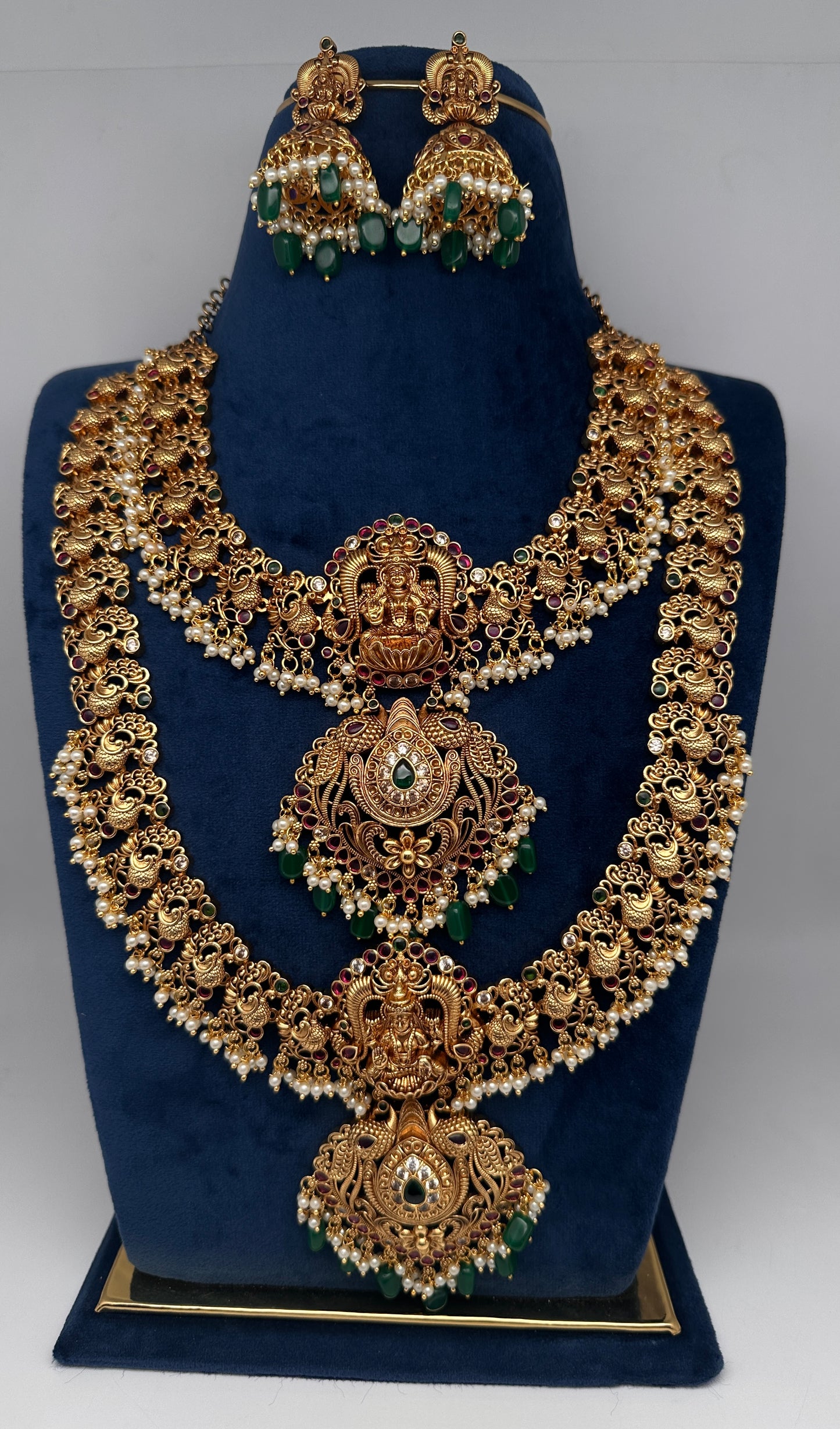 Traditional Matte Goddess Lakshmi Peacock Combo Necklace Set - 