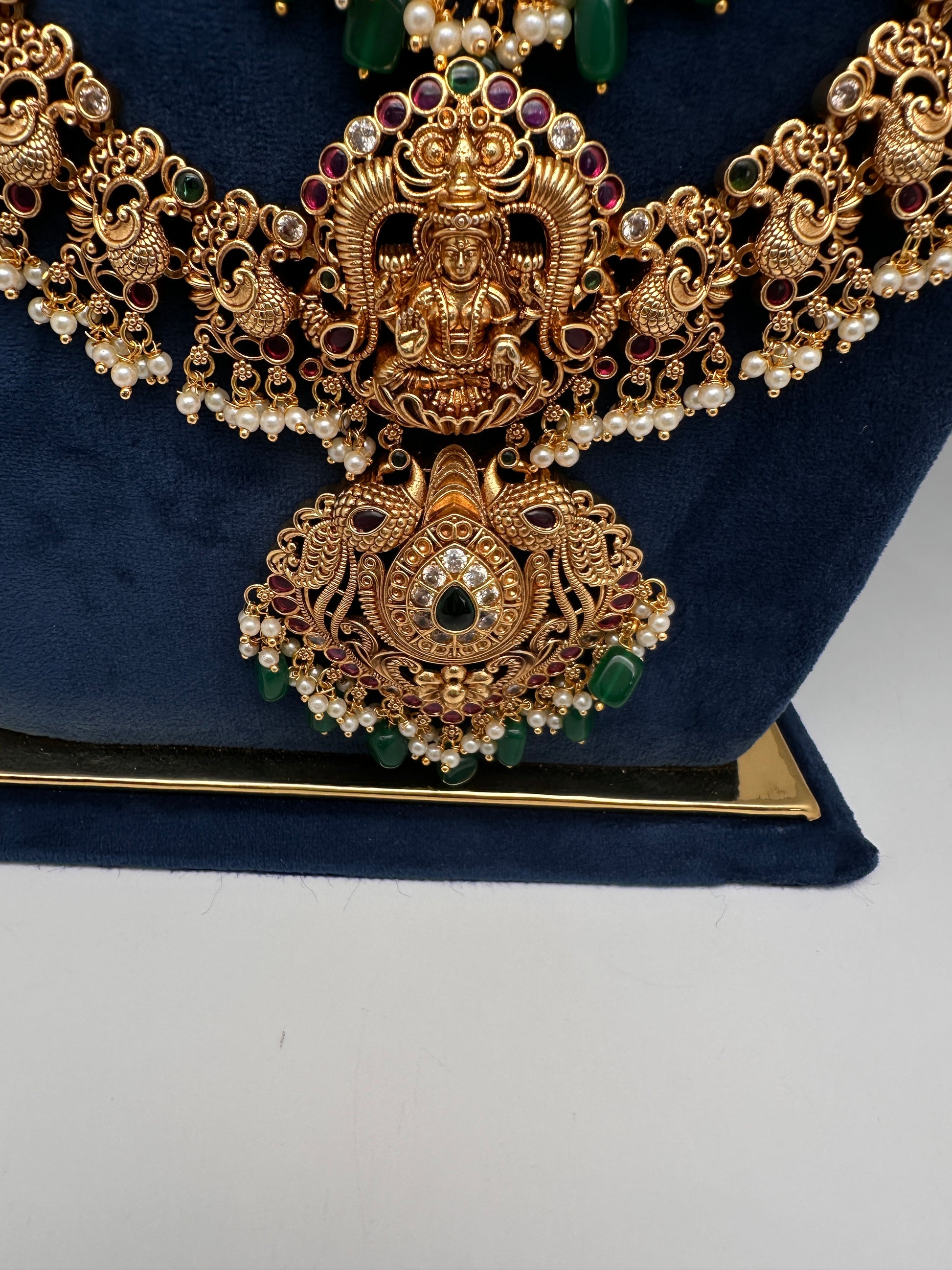 Traditional Matte Goddess Lakshmi Peacock Combo Necklace Set - 